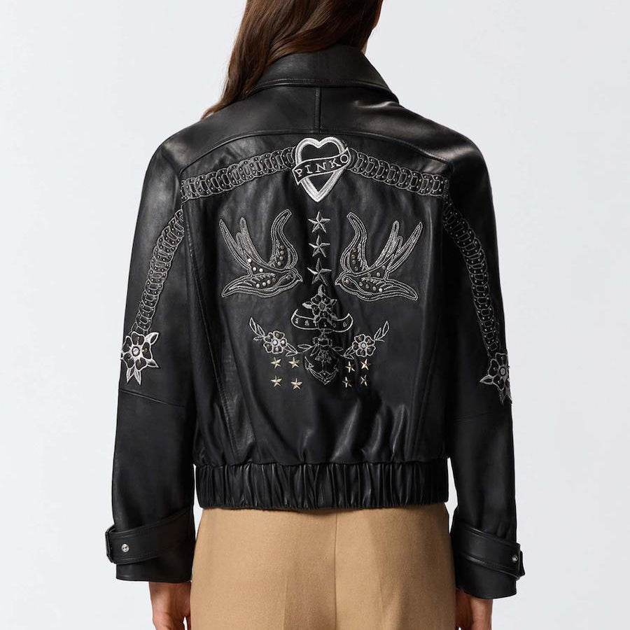Дамско кожено яке с бродерия Women’s embroidered leather jacket PINKO 105793 A2U7 Z99 Black
