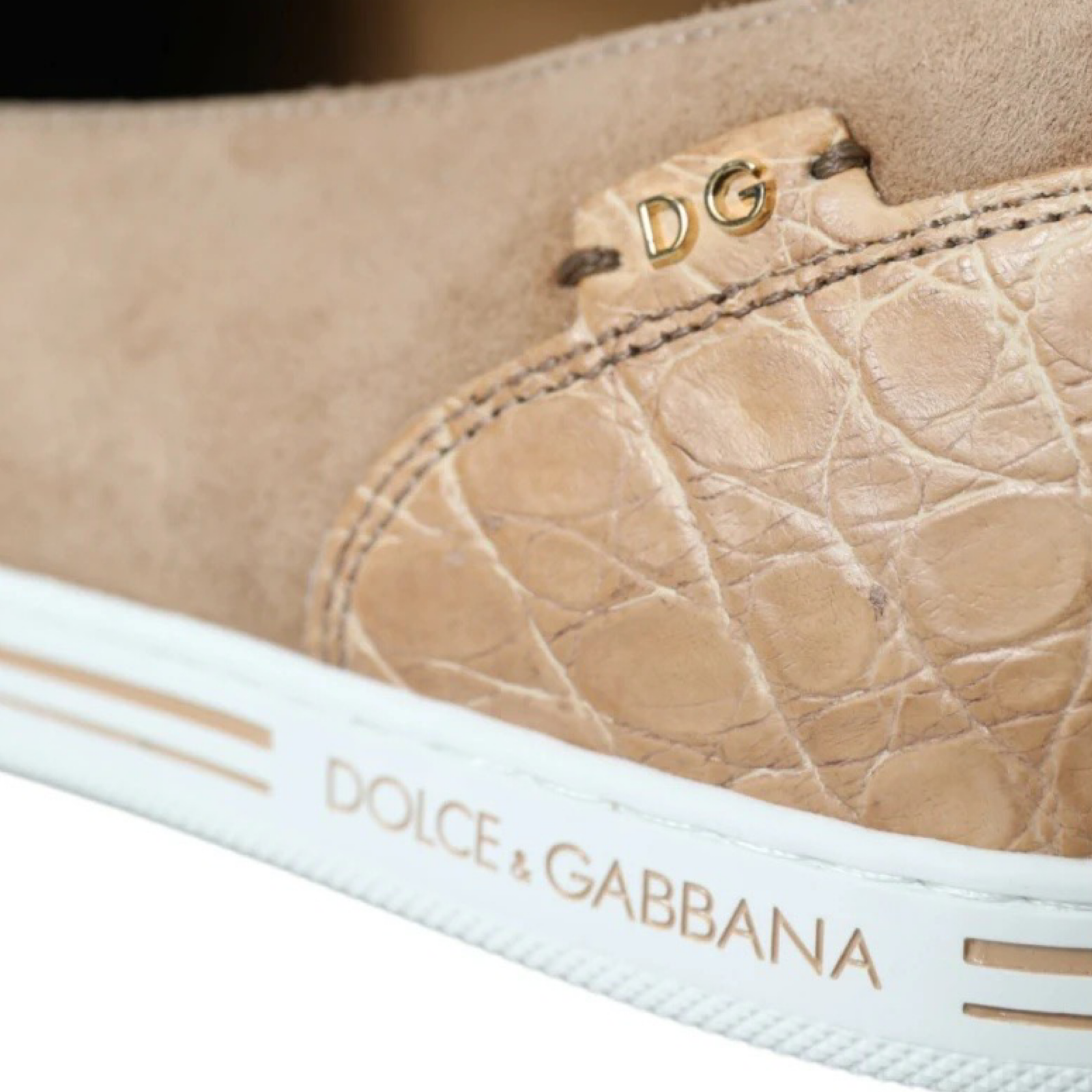 Dolce & Gabbana Beige Suede Caiman Men Loafers Close-Up