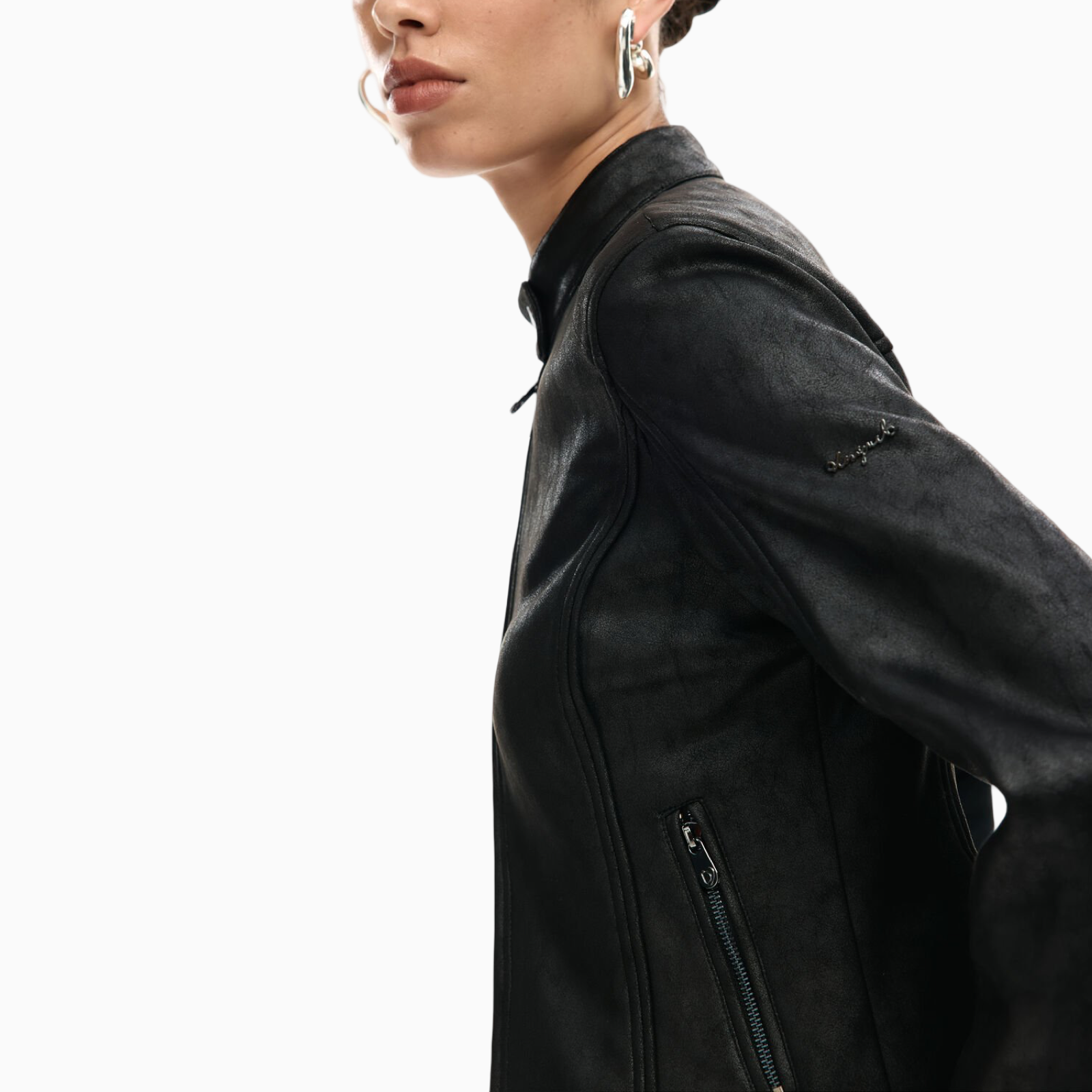 Дамско черно кожено яке Desigual Women Jacket 26SWEW10 2000 Side View