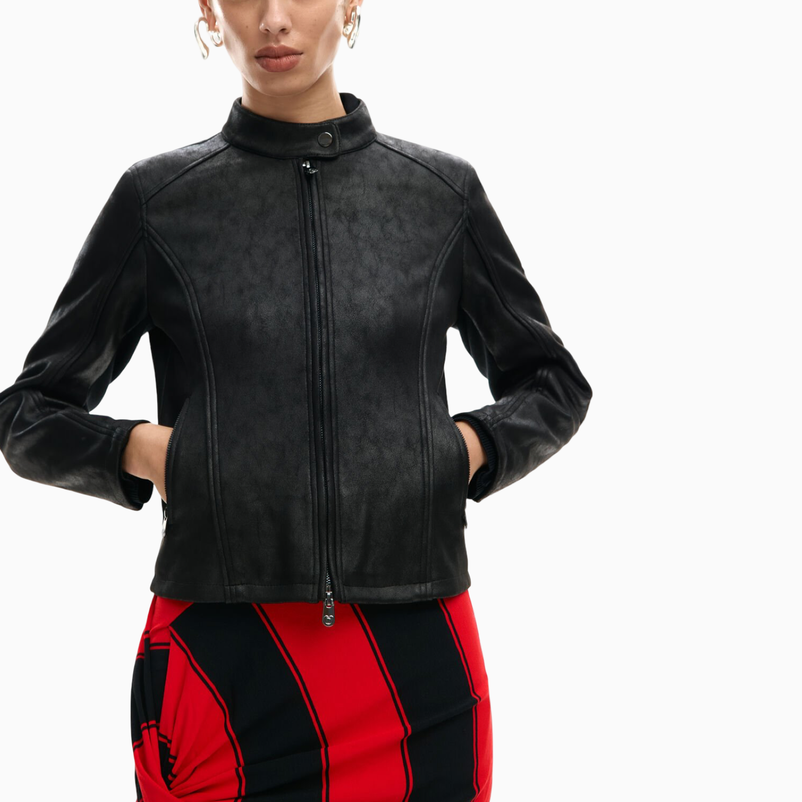 Дамско черно кожено яке Desigual Women Jacket 26SWEW10 2000 Front View