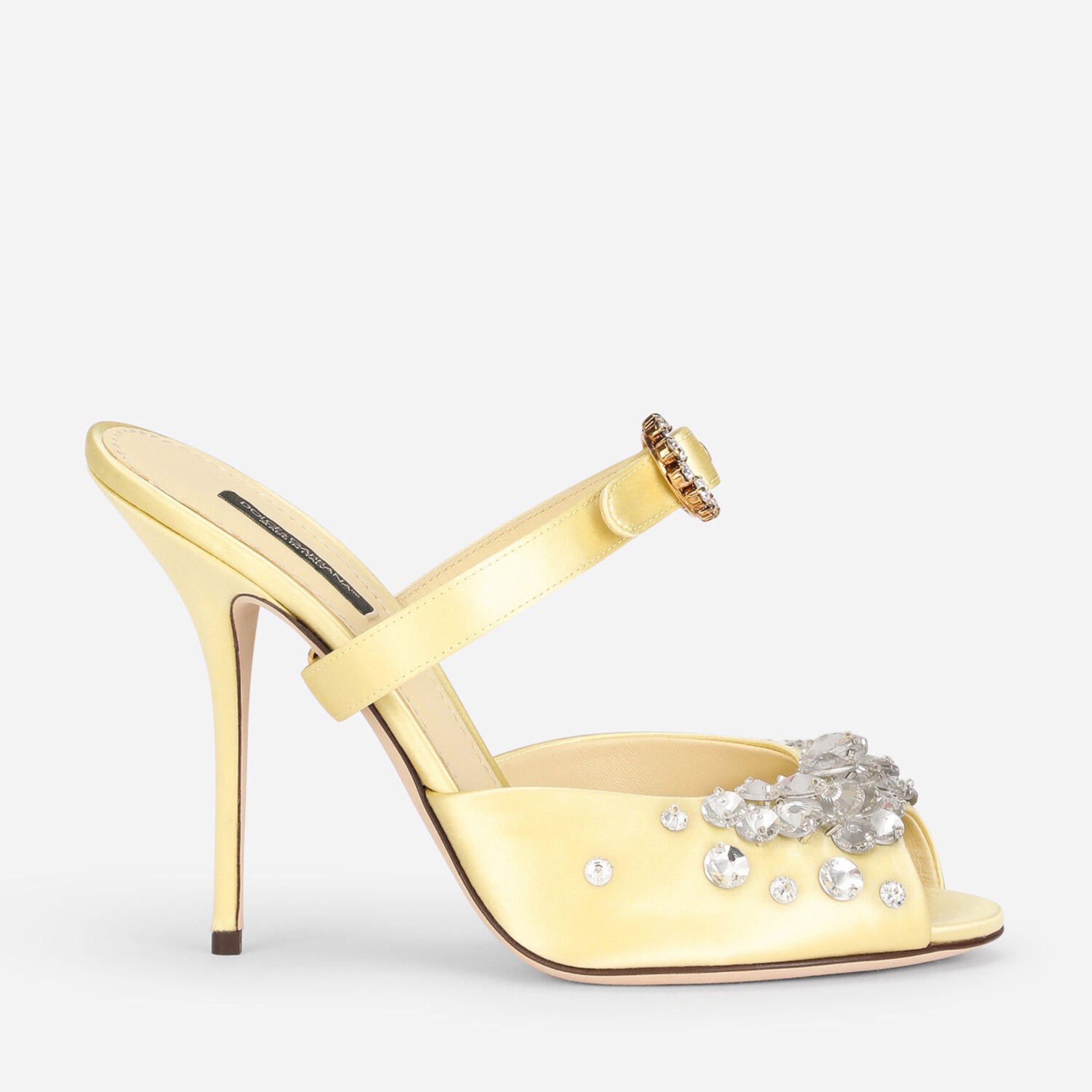 Дамски луксозни кожени сандали на висок 105мм ток в жълто DOLCE & GABBANA Women’s Luxury Yellow Leather KEIRA Crystal Sandals