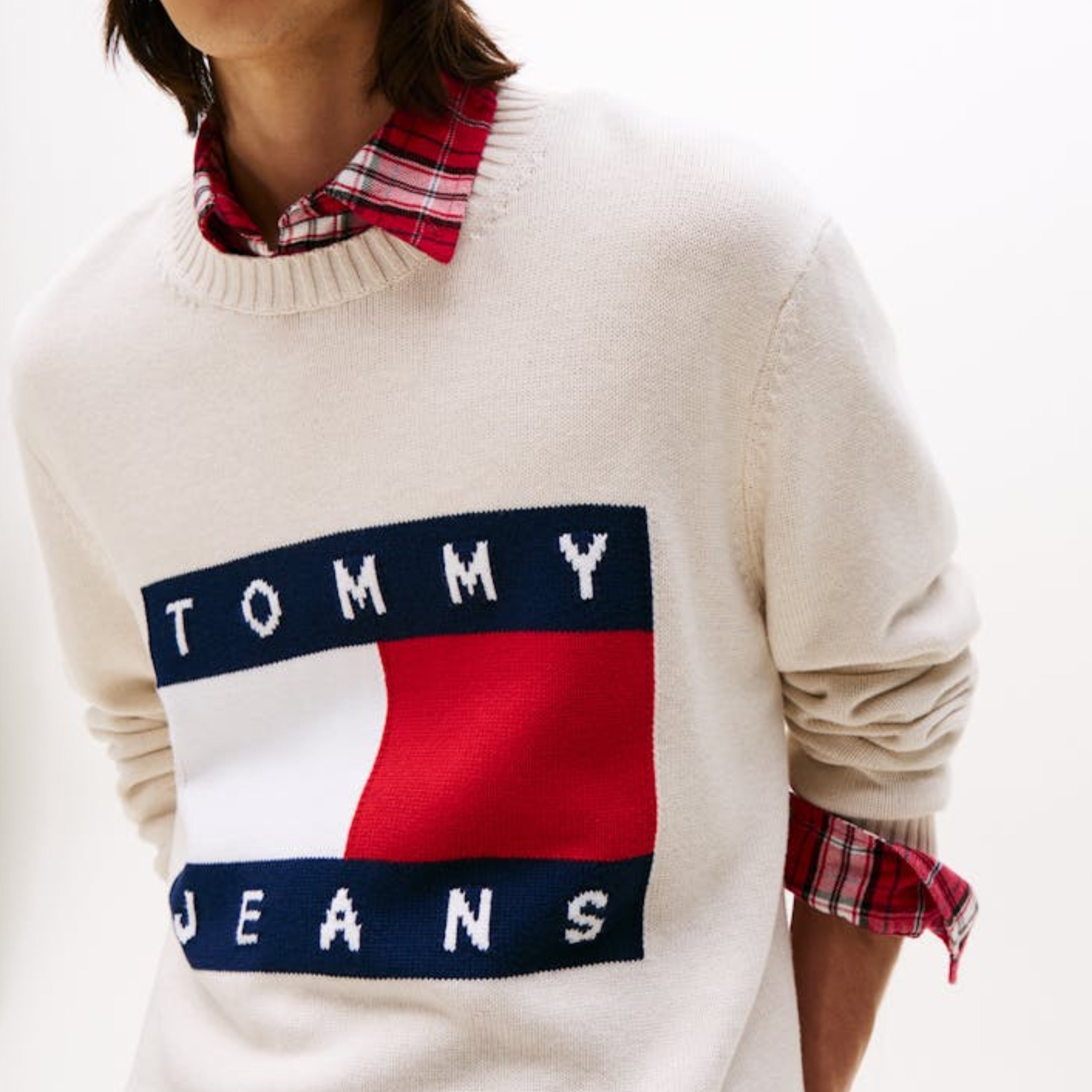 Мъжки памучен пуловер Men’s cotton sweater Tommy Hilfiger DM0DM22105 AFN Beige close up view
