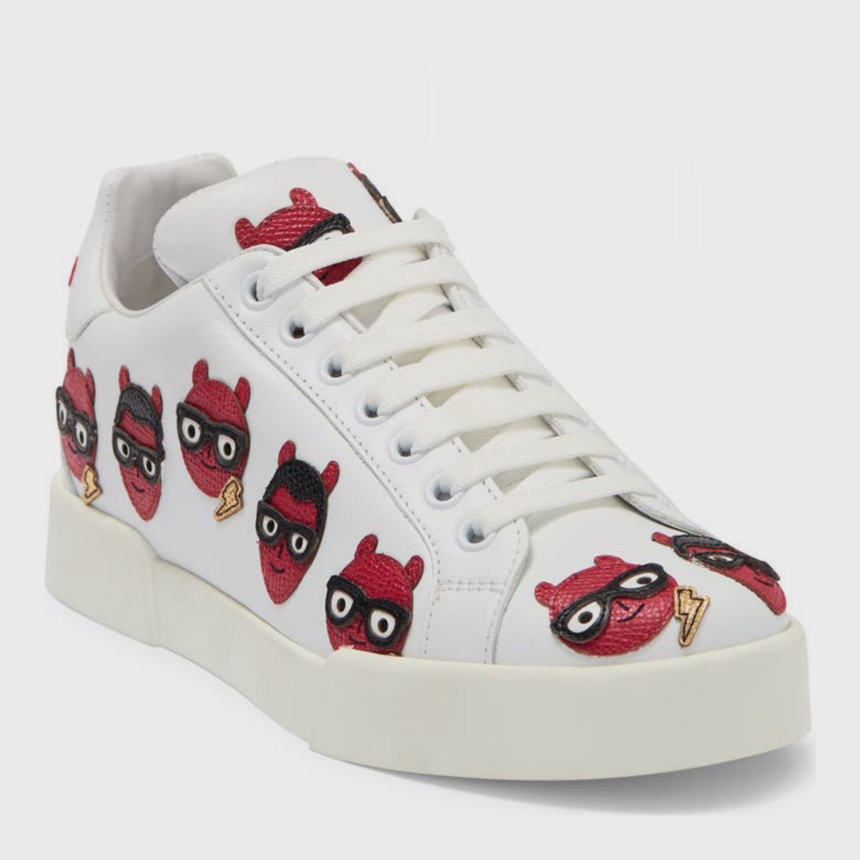 Дамски луксозни кецове от естествена кожа с нашивки в бяло Dolce & Gabbana Women’s White Devil Face Portofino Sneakers