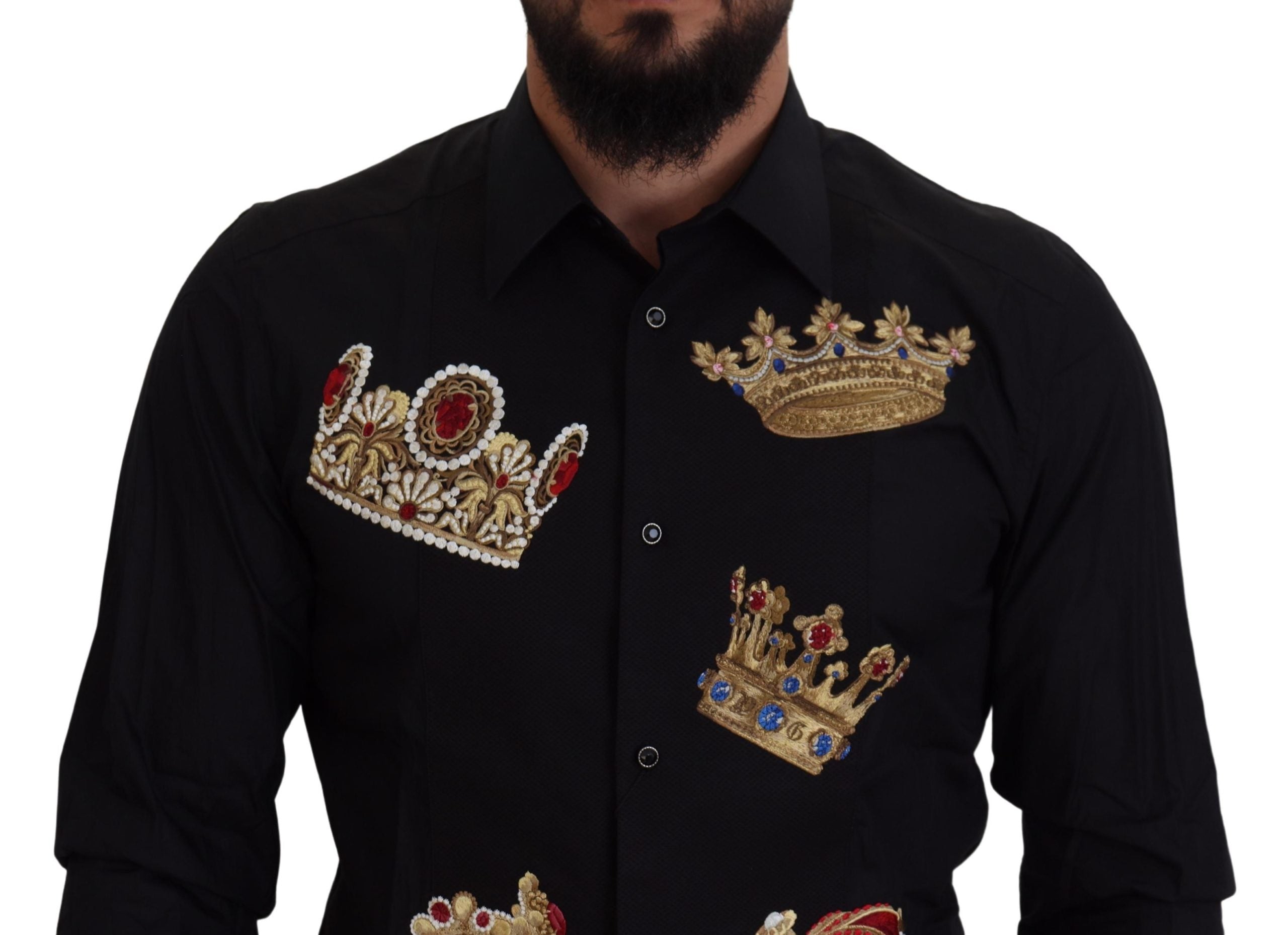 Елегантна черна прилепнала риза Dolce & Gabbana с бродерия на корона