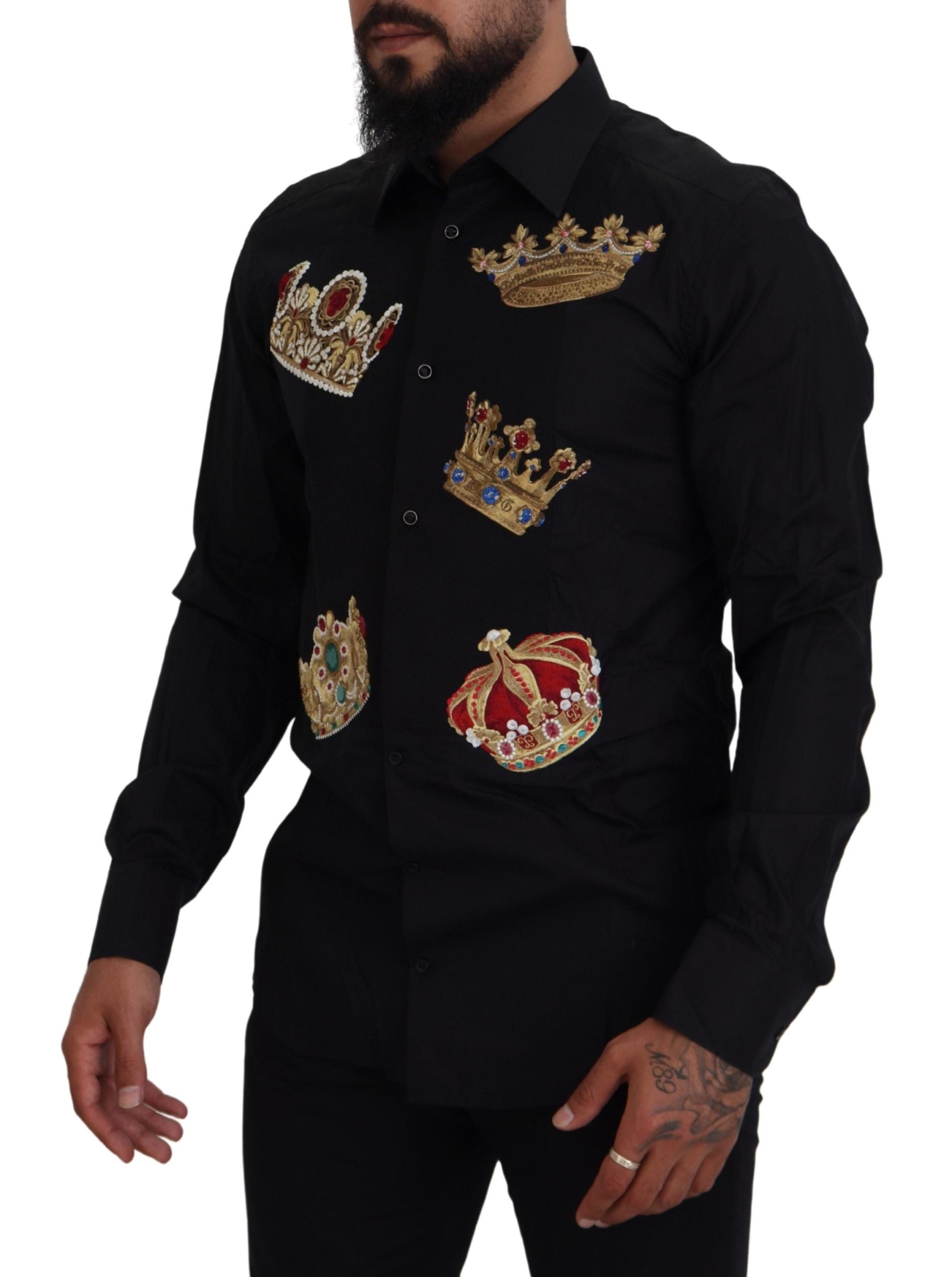 Елегантна черна прилепнала риза Dolce & Gabbana с бродерия на корона