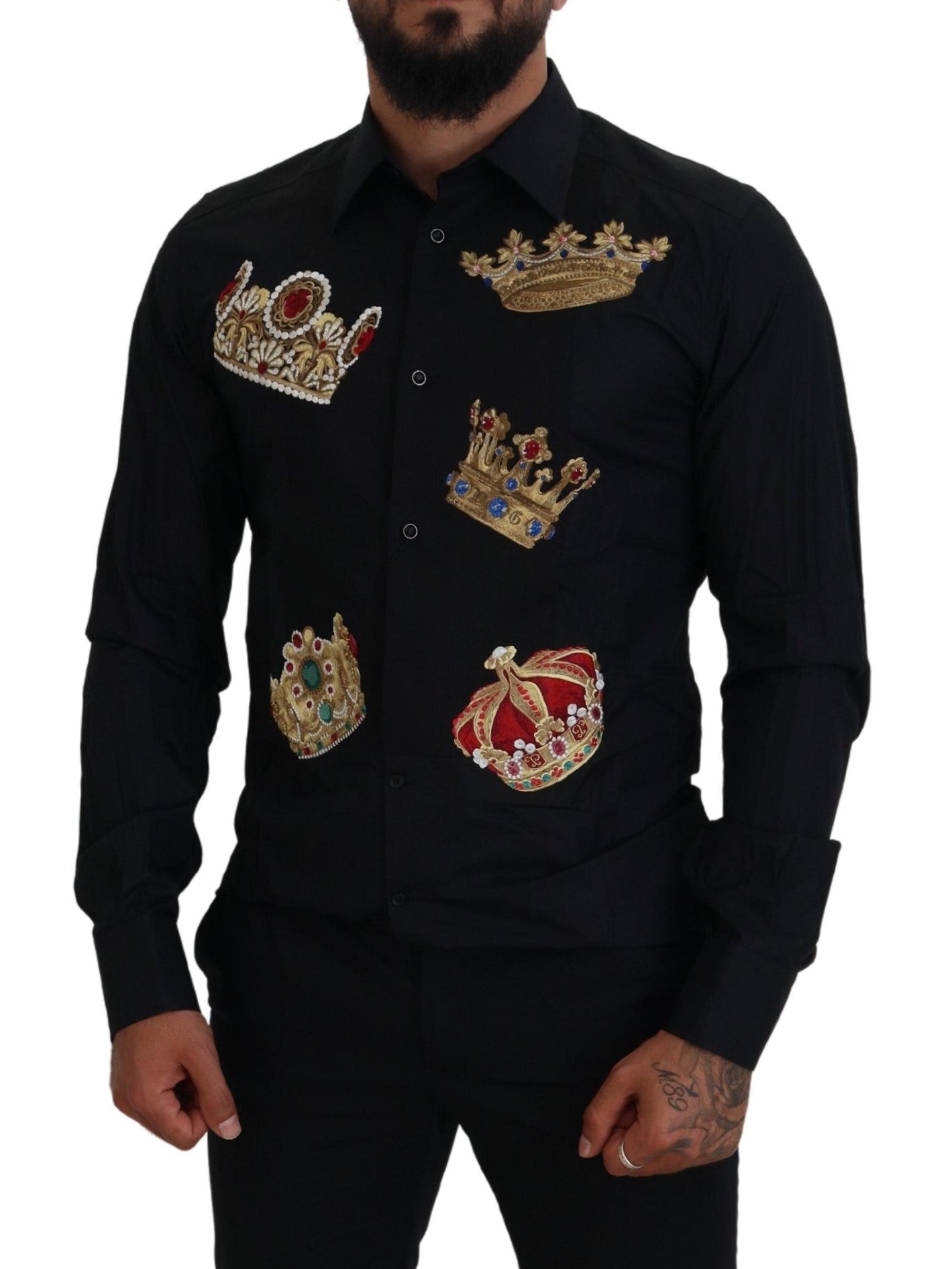 Елегантна черна прилепнала риза Dolce & Gabbana с бродерия на корона