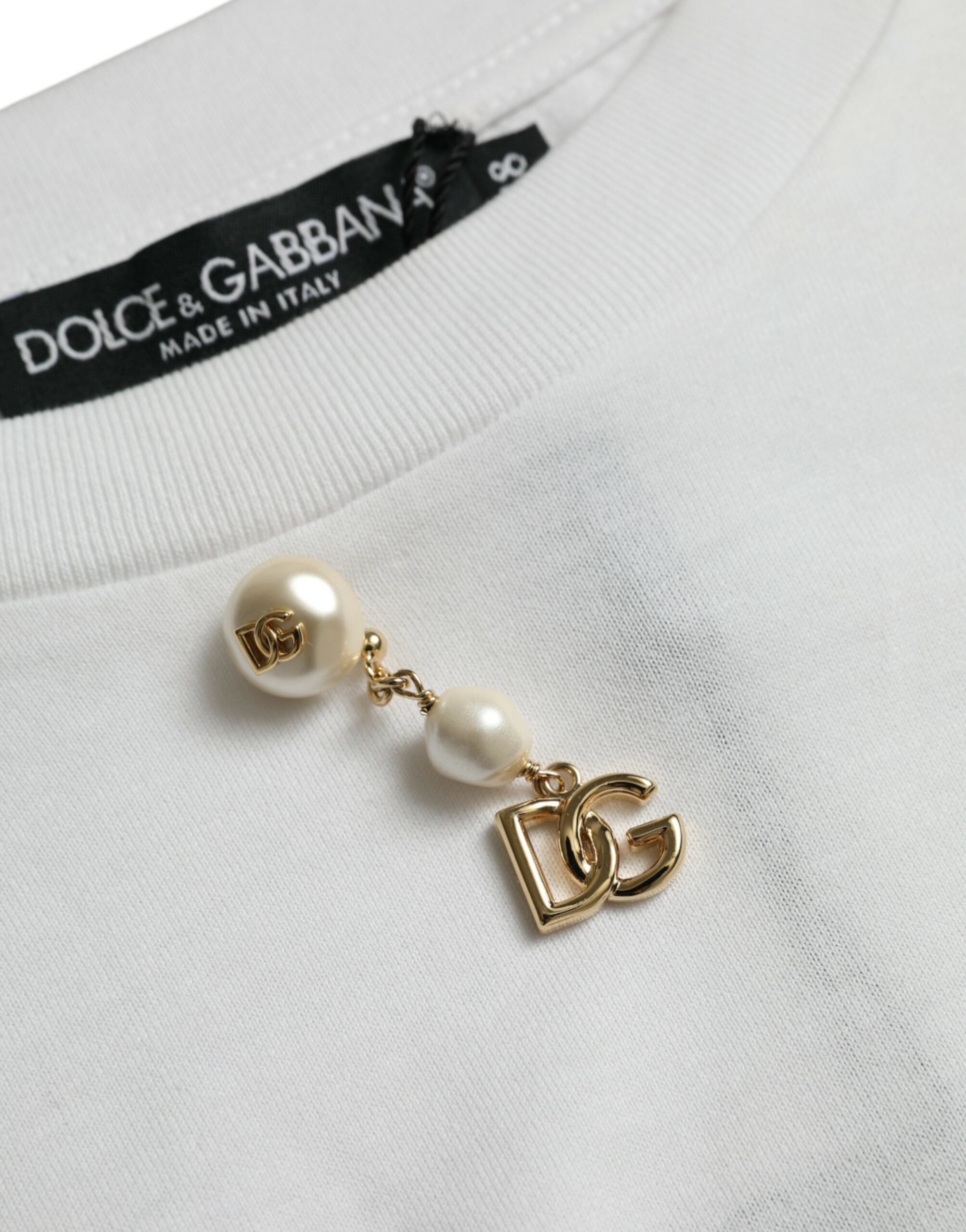 Dolce & Gabbana Бяла украсена памучна тениска с кръгло деколте