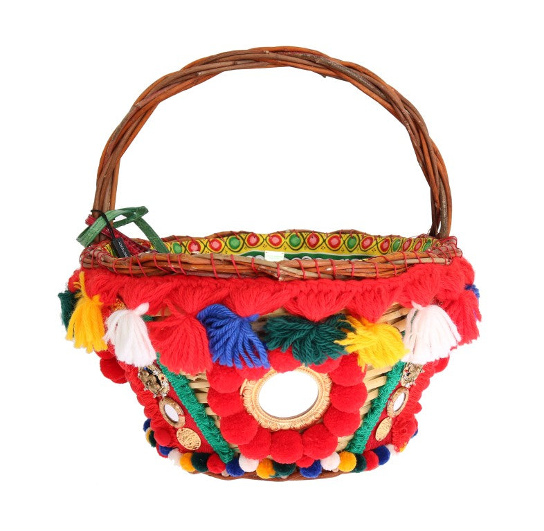 Dolce & Gabbana елегантна бежова сламена и екзотична кожа Pom Pom Tote