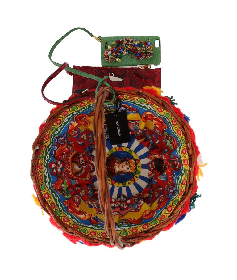 Dolce & Gabbana елегантна бежова сламена и екзотична кожа Pom Pom Tote