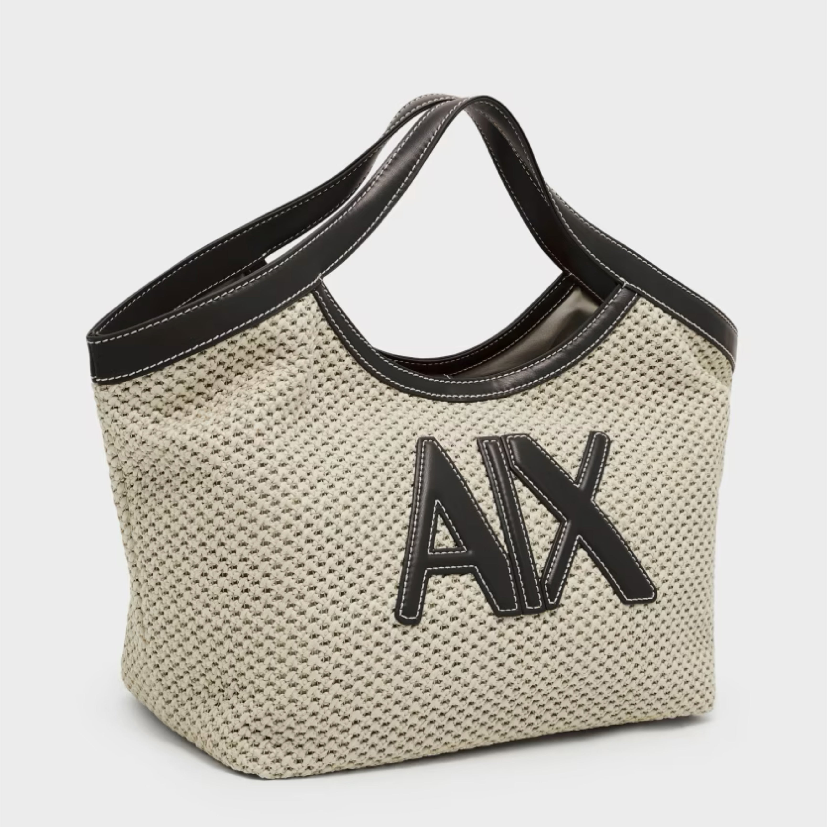 Дамска плетена лятна чанта Women’s woven fabric handbag Armani Exchange XW000410 AF12591 M1013 Natural/Black Front angled view