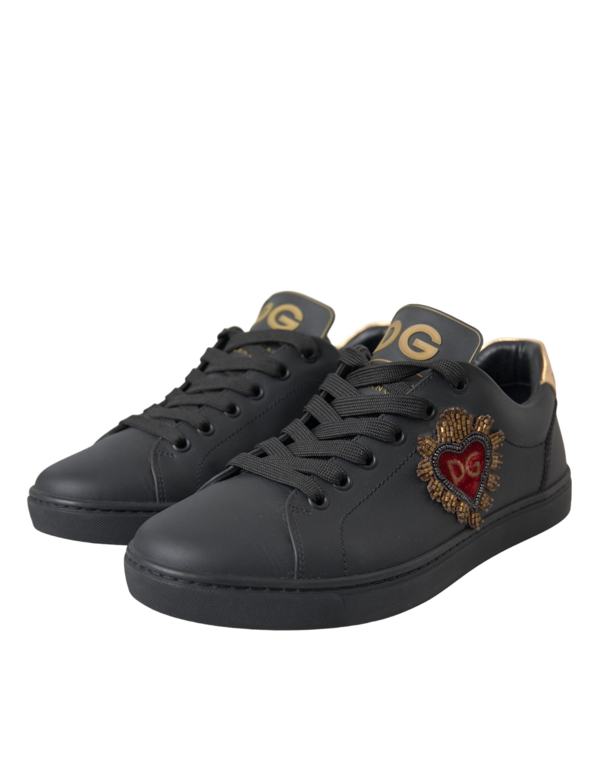 Dolce & Gabbana Black Leather Heart Embellished Sneakers