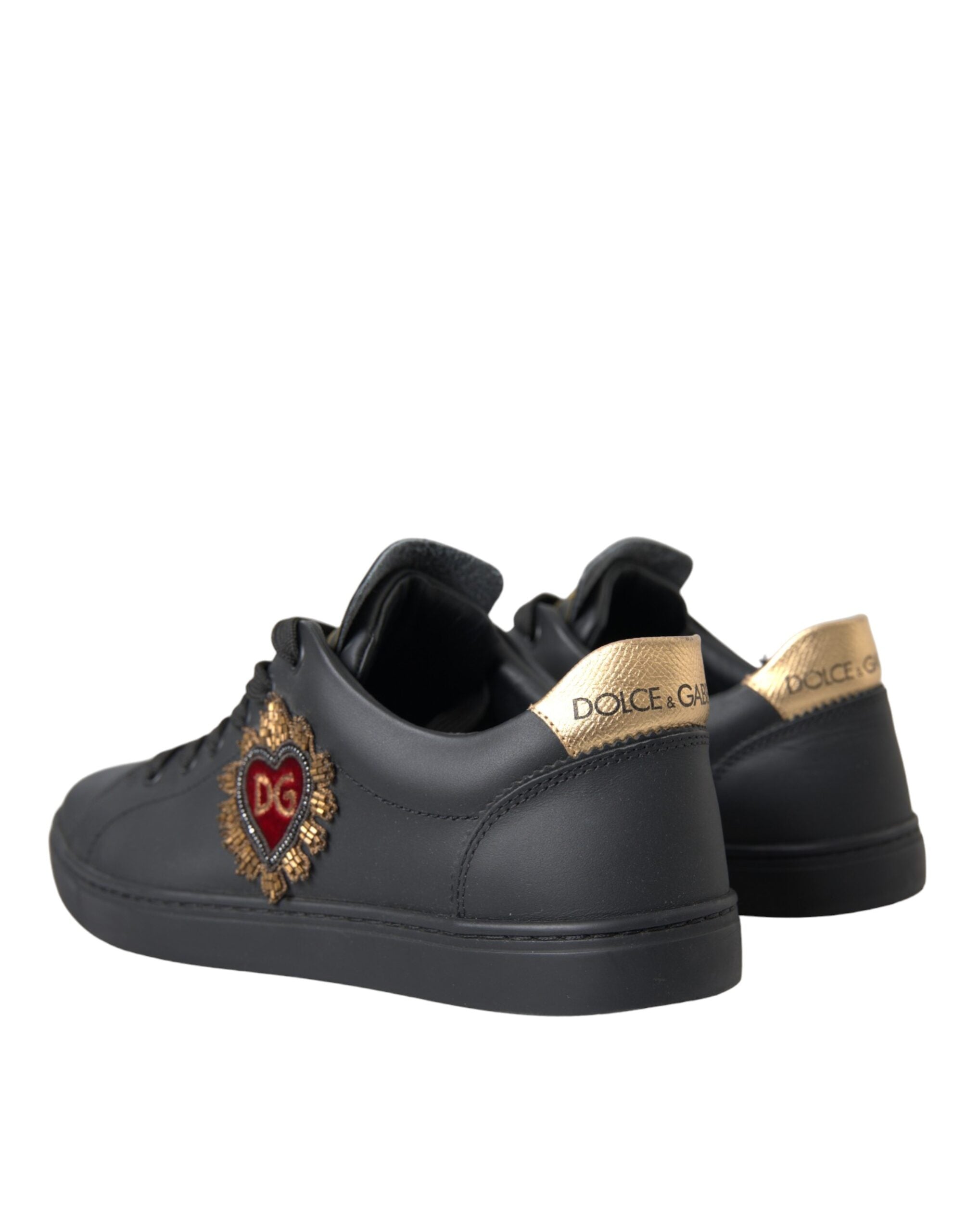 Dolce & Gabbana Black Leather Heart Embellished Sneakers