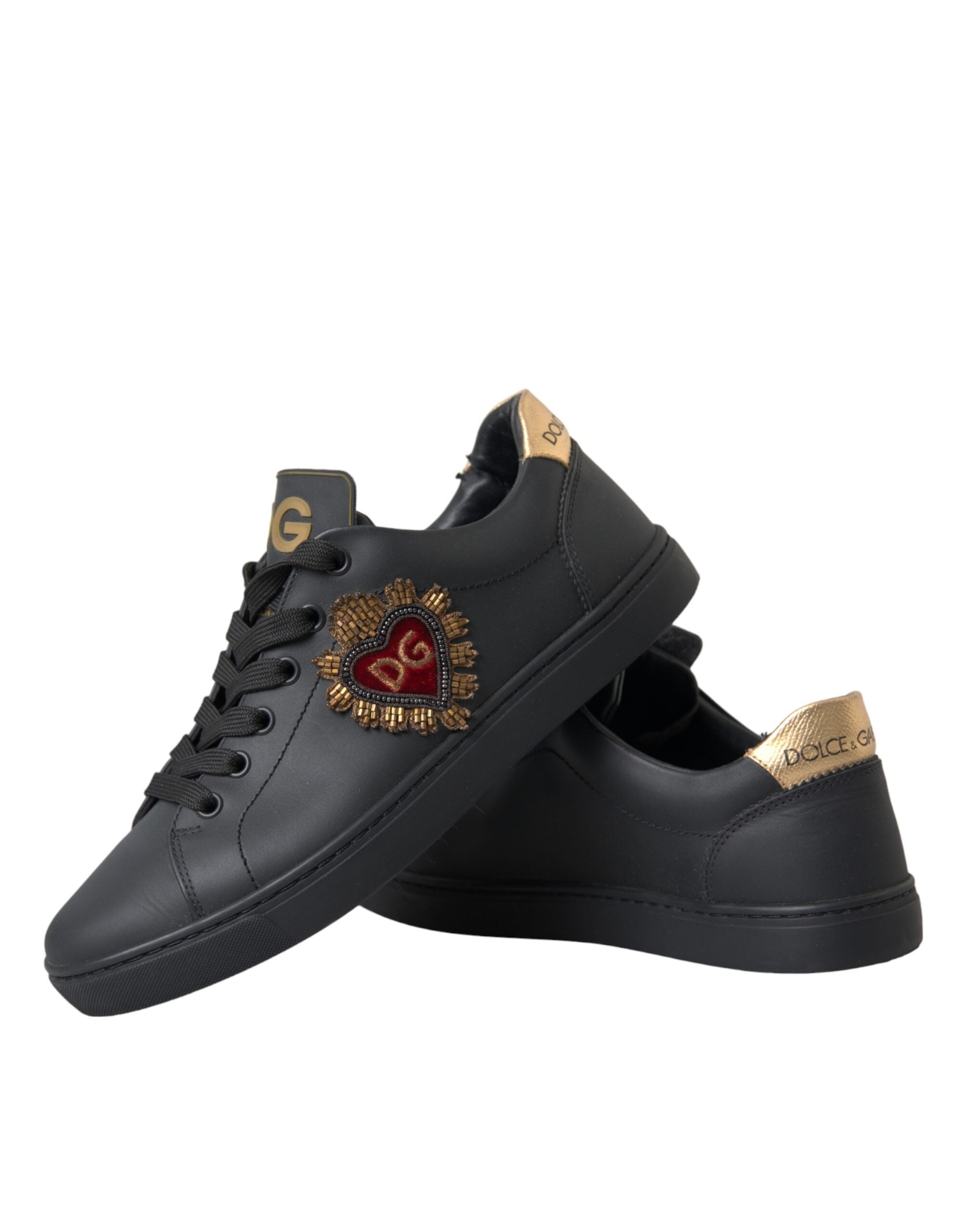 Dolce & Gabbana Black Leather Heart Embellished Sneakers