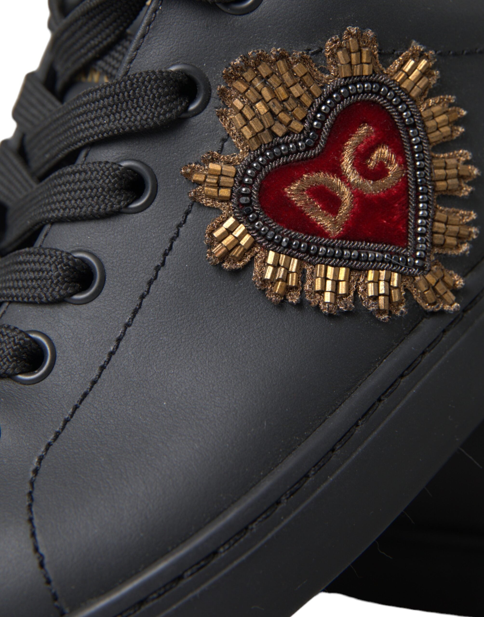 Dolce & Gabbana Black Leather Heart Embellished Sneakers