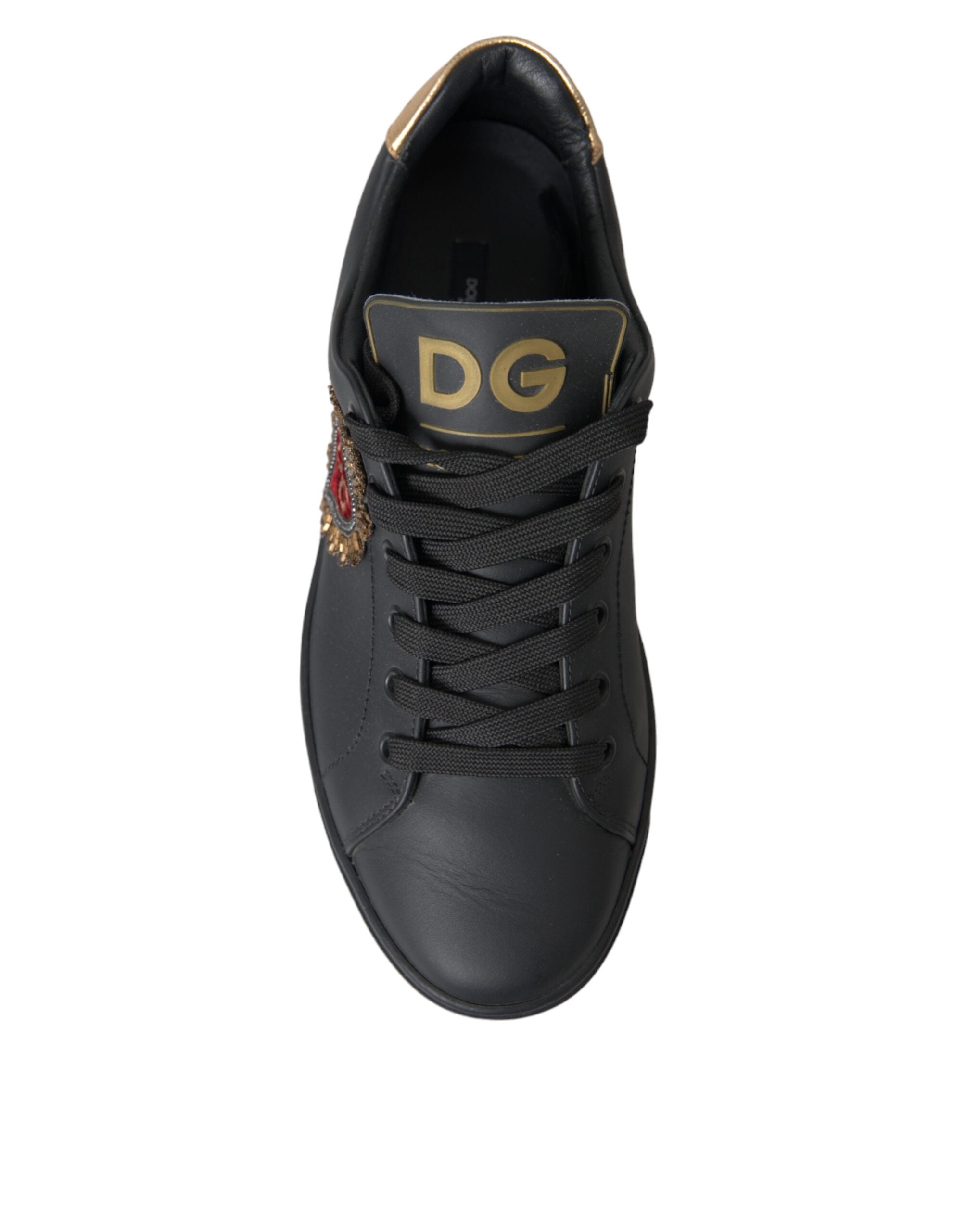 Dolce & Gabbana Black Leather Heart Embellished Sneakers