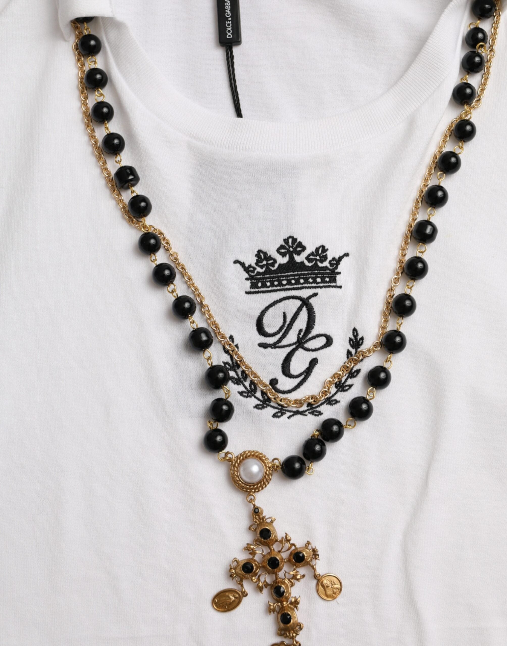Бяла памучна огърлица Dolce & Gabbana, тениска с къси ръкави