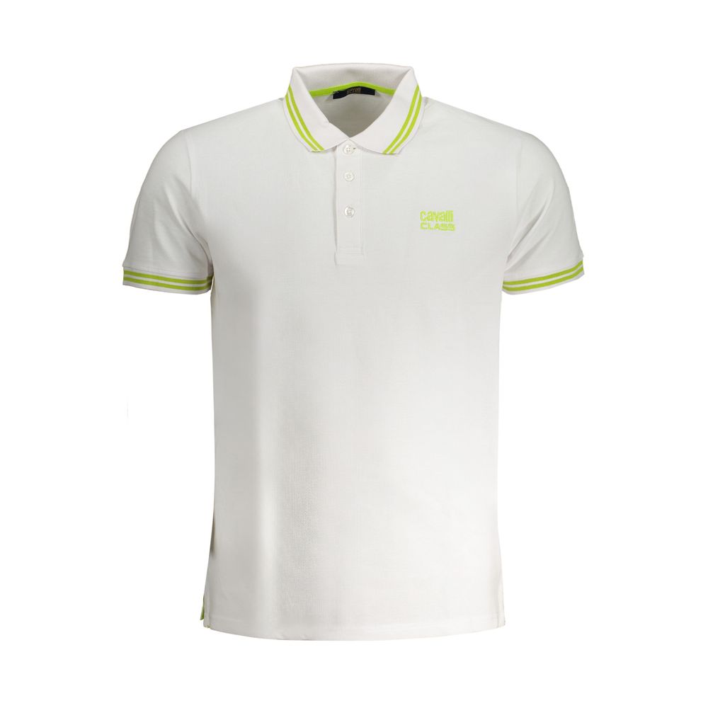 Мъжка поло тениска в бяло и зелено Men's polo Cavalli Class QXT64Y KB002 00053 White Front view