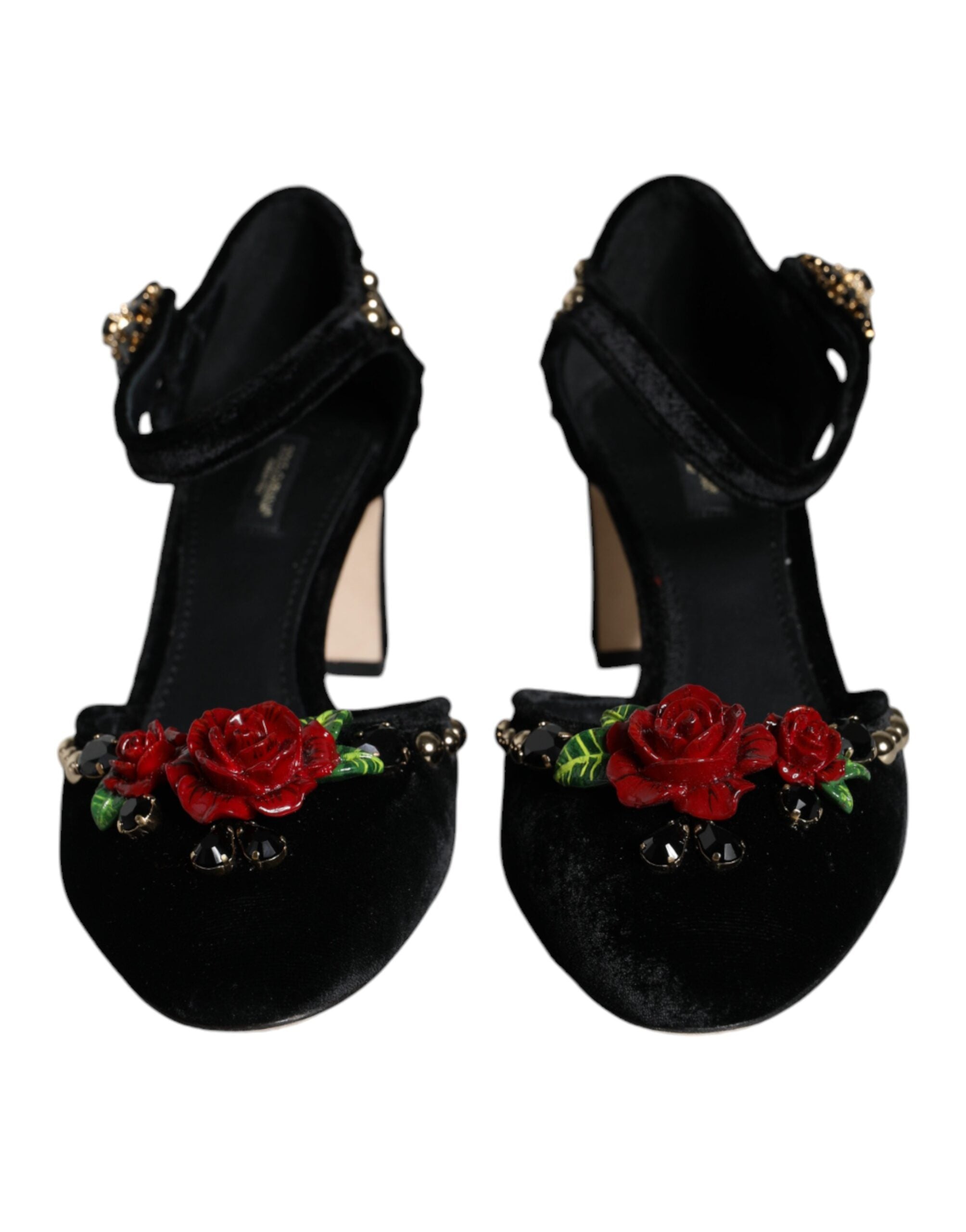 Обувки помпи Dolce & Gabbana с черни кадифени рози и каишки около глезена
