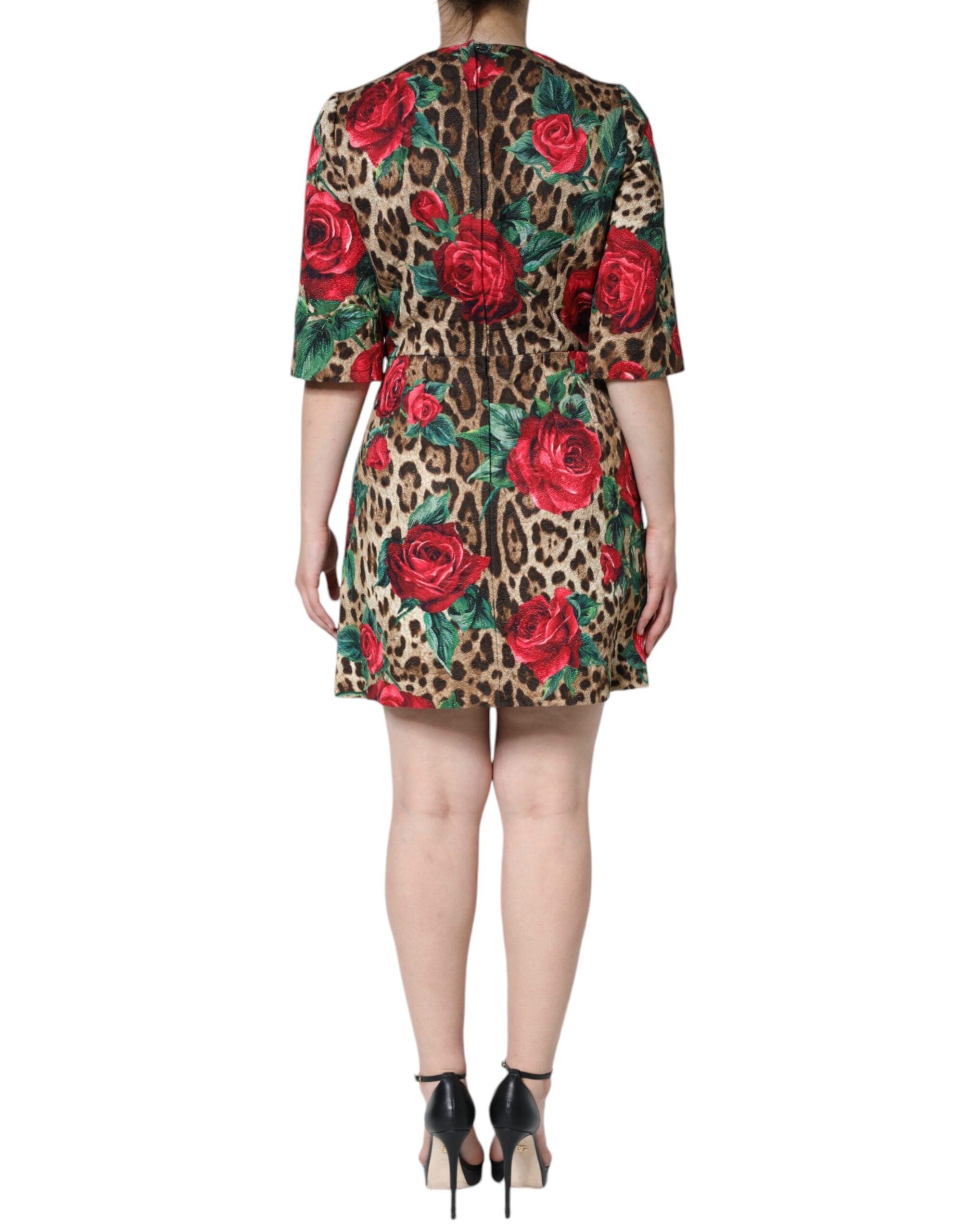 Dolce & Gabbana, кафява рокля с леопард и червени рози, памучна А-силует