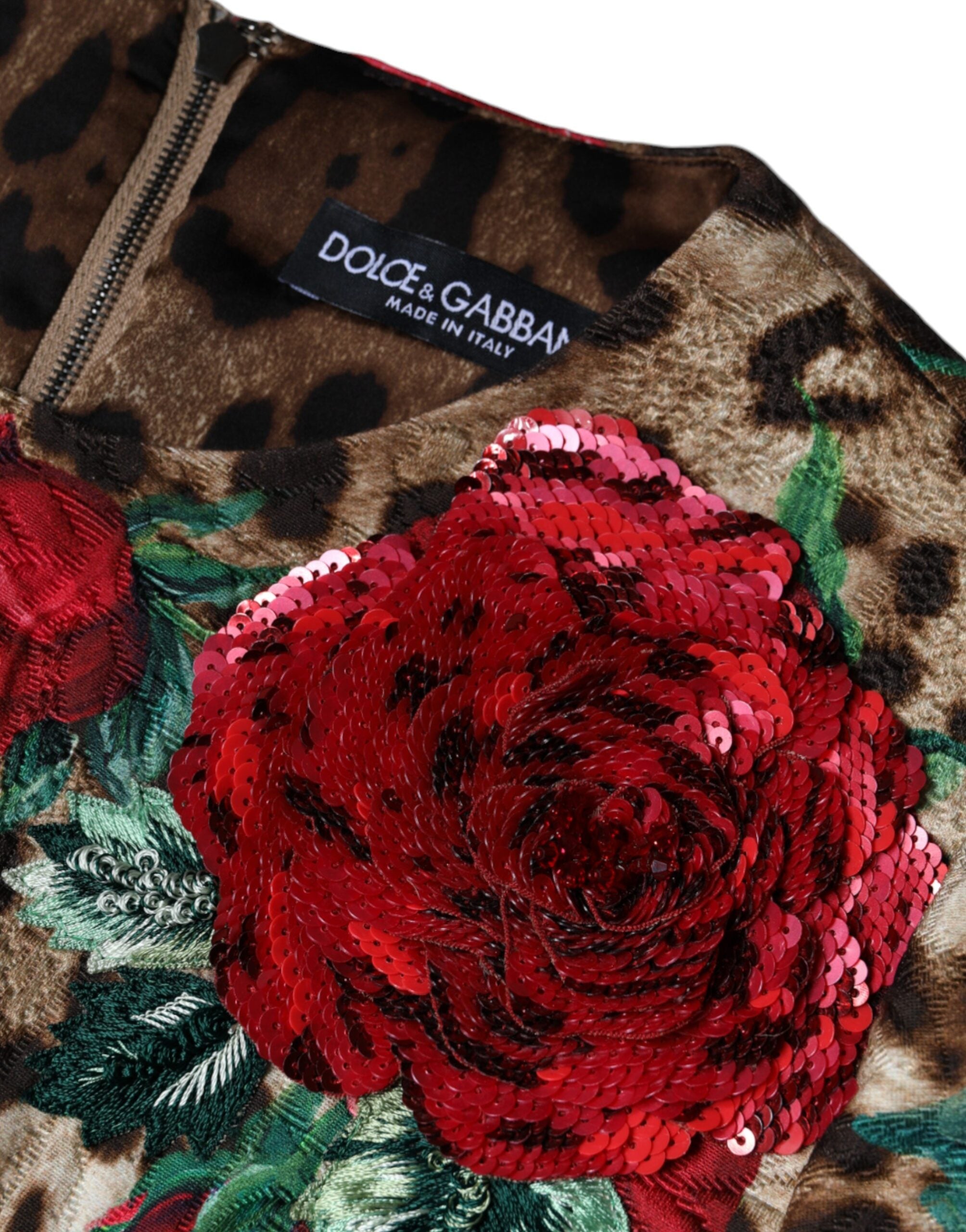 Dolce & Gabbana, кафява рокля с леопард и червени рози, памучна А-силует