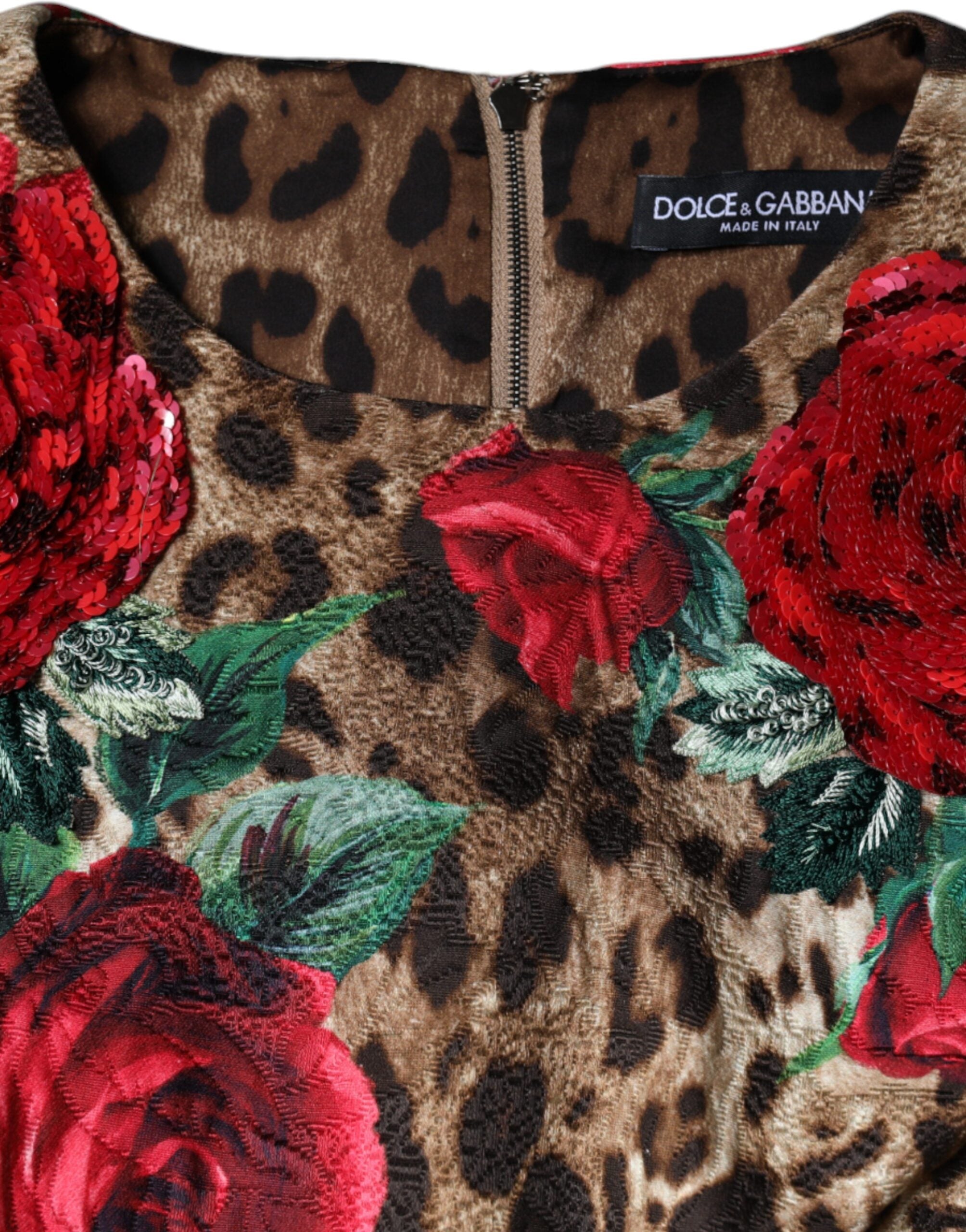 Dolce & Gabbana, кафява рокля с леопард и червени рози, памучна А-силует