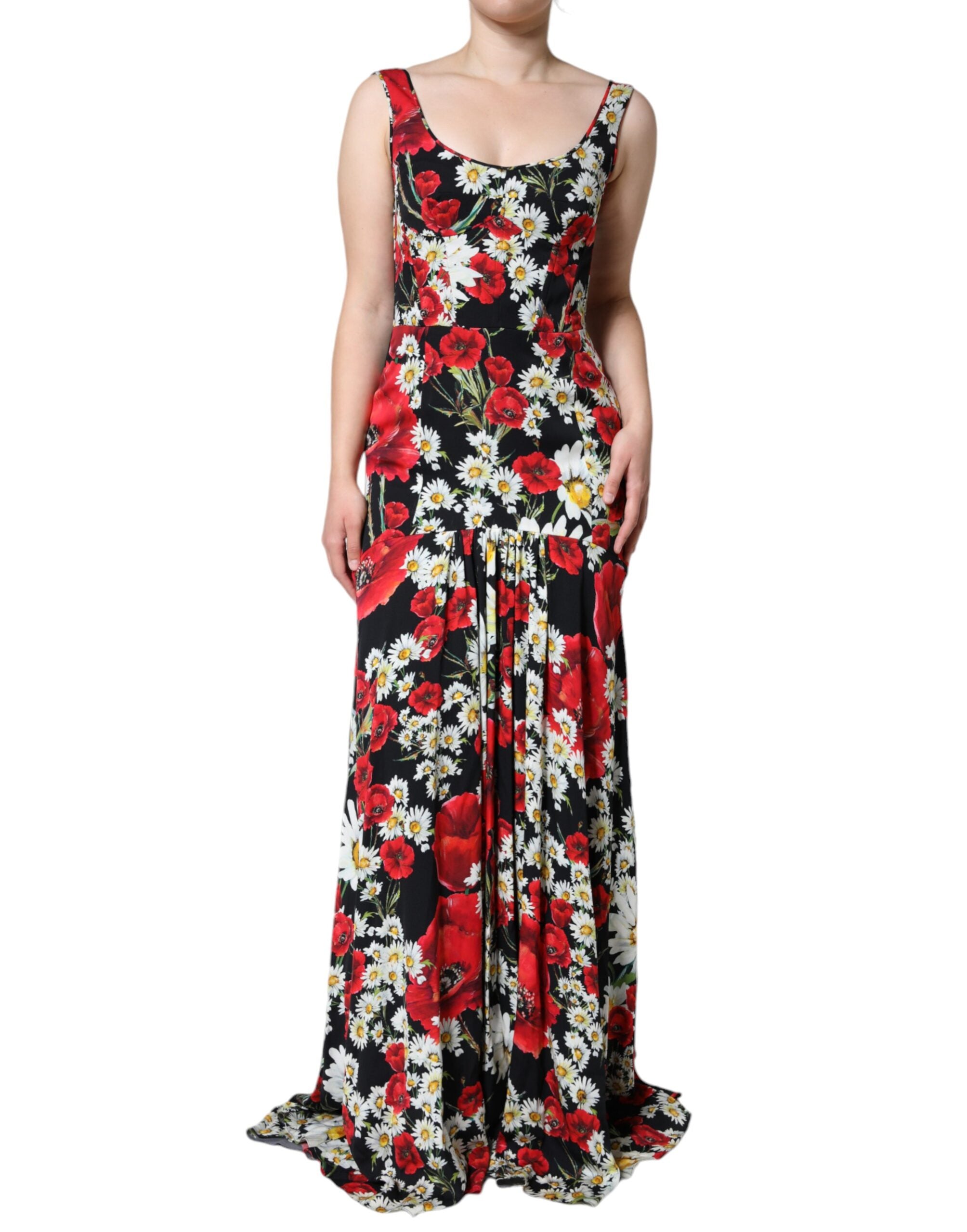 Dolce & Gabbana черна копринена рокля без ръкави с флорални мотиви
