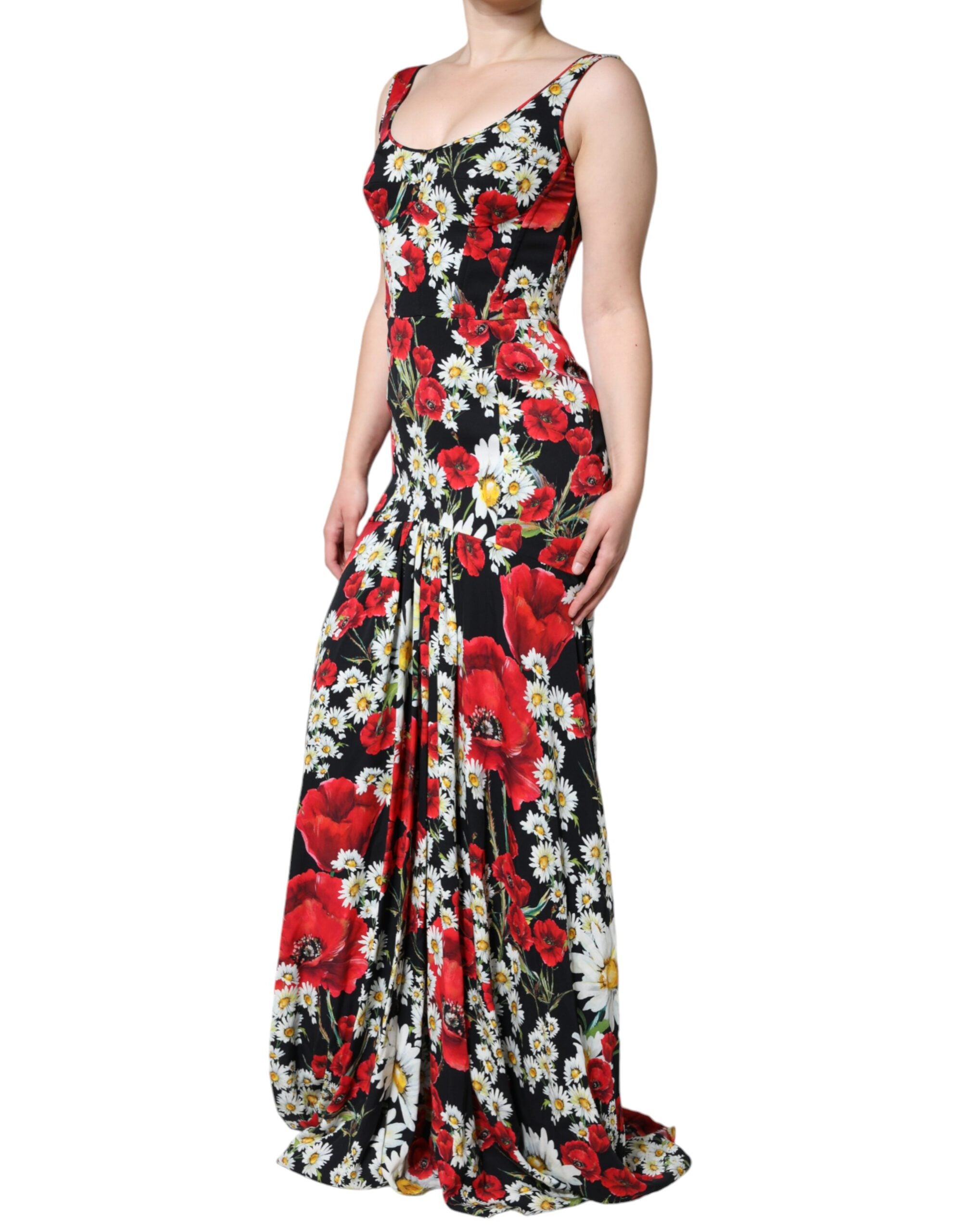 Dolce & Gabbana черна копринена рокля без ръкави с флорални мотиви