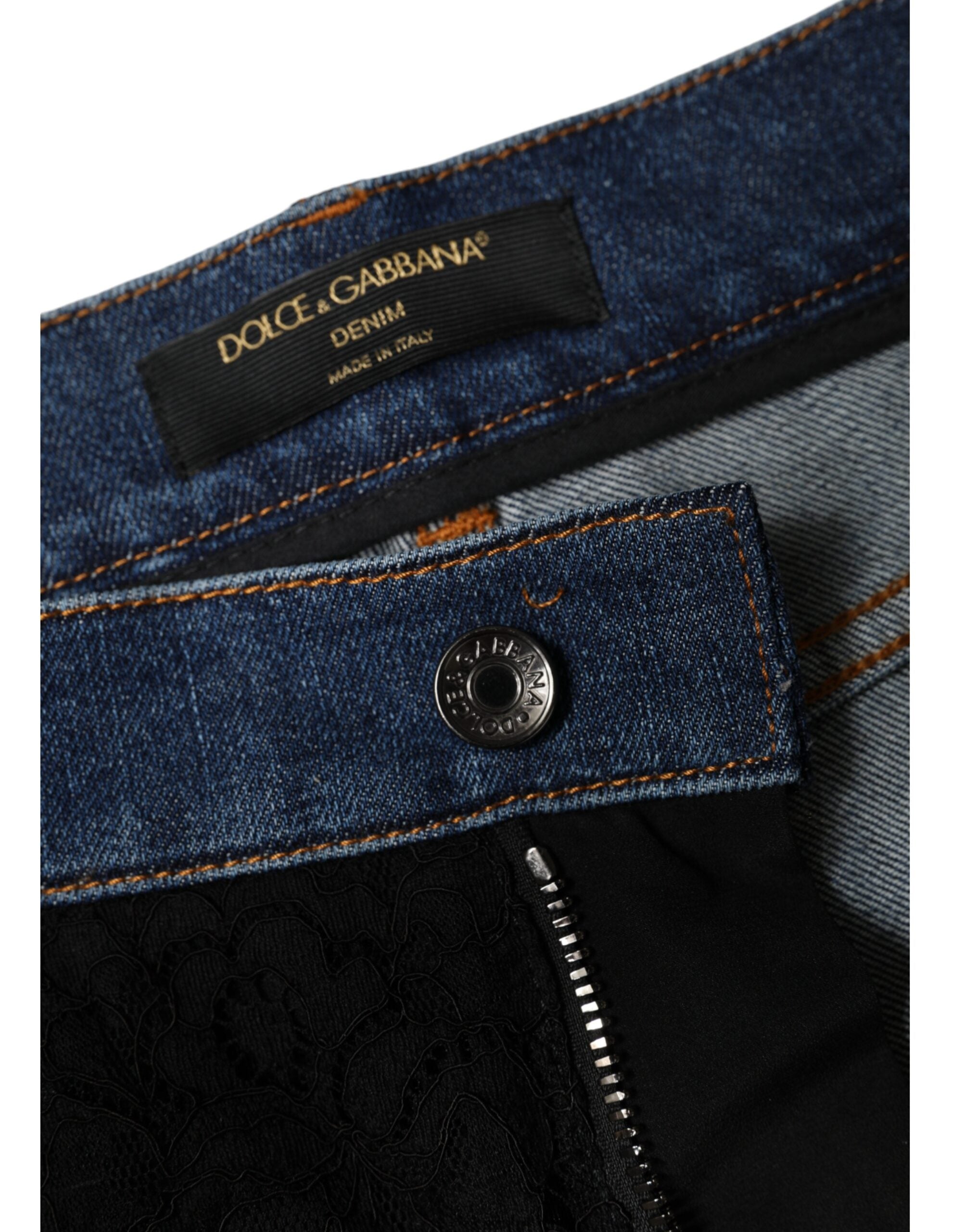 Черни тесни деним дънки с флорални дантели отпред на Dolce & Gabbana