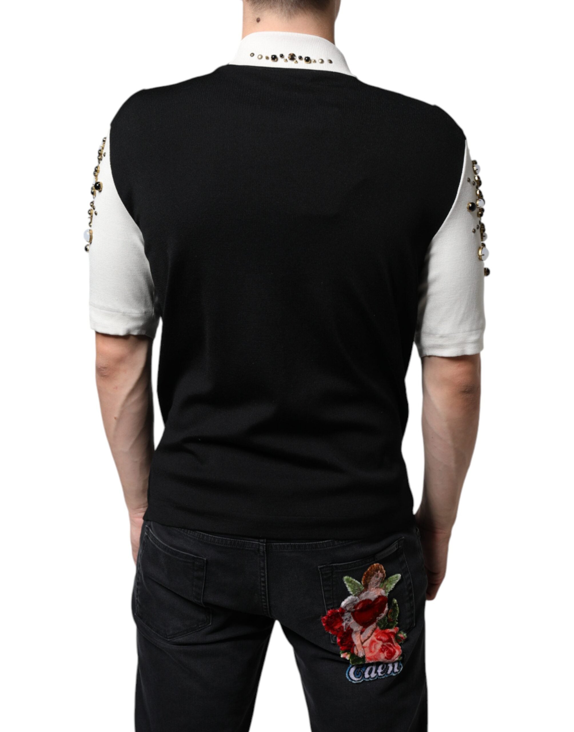 Dolce & Gabbana бяла черна копринена риза с кристали и камъни