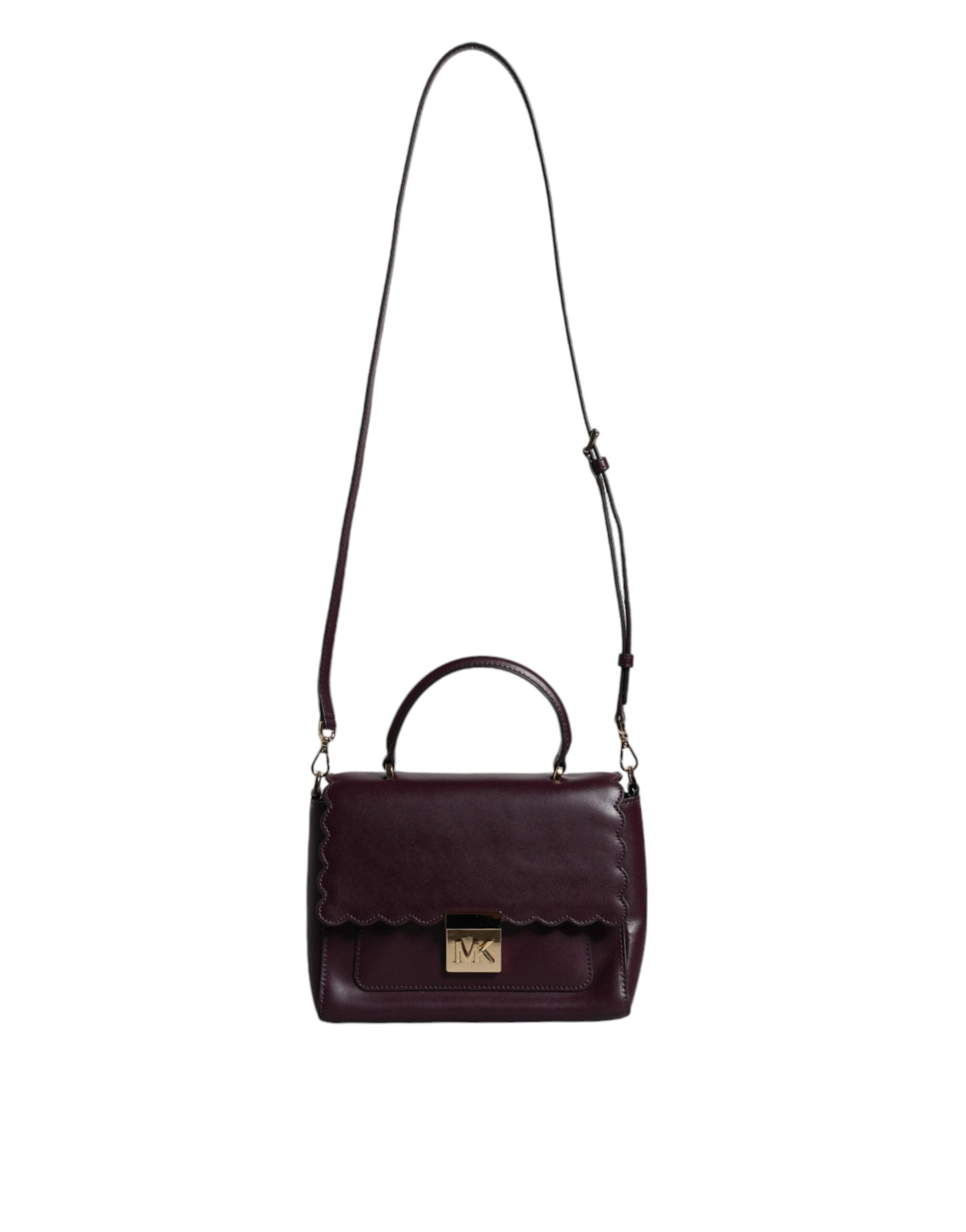 Лилава кожена чанта с лого на Michael Kors през рамо MINDY Satchel