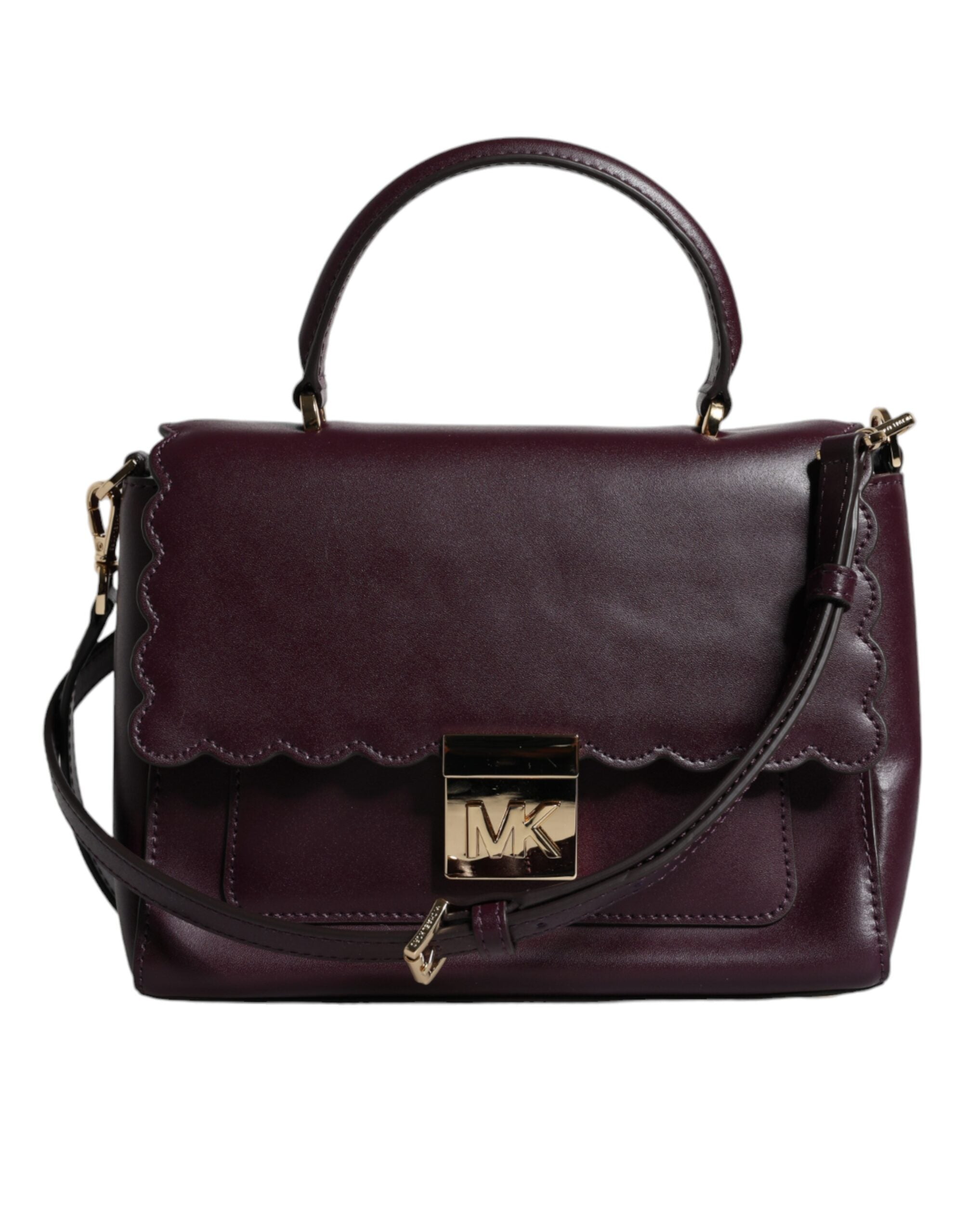 Лилава кожена чанта с лого на Michael Kors през рамо MINDY Satchel