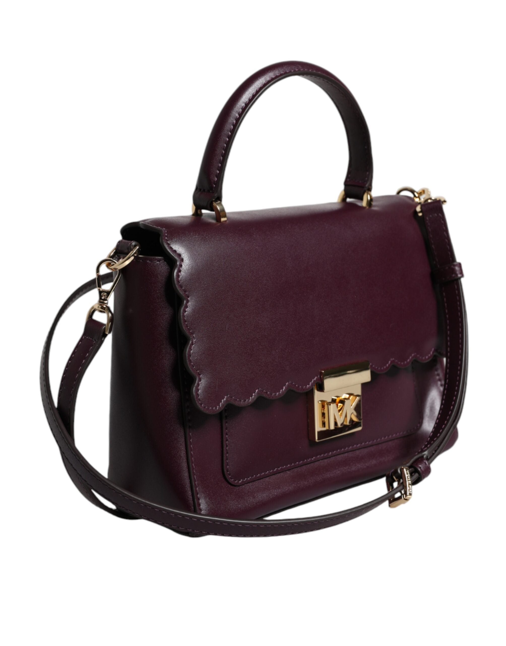 Лилава кожена чанта с лого на Michael Kors през рамо MINDY Satchel