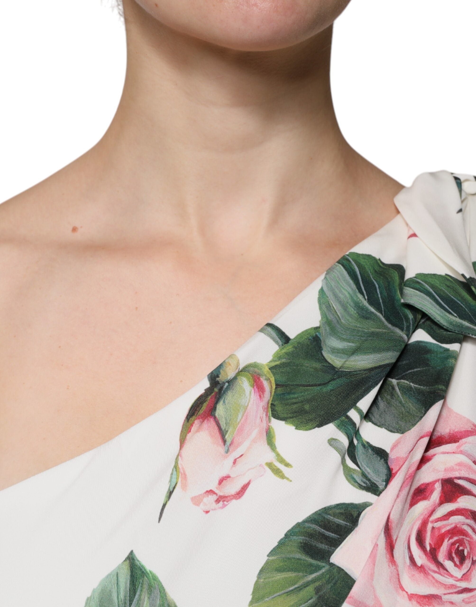 Dolce & Gabbana Бяла копринена рокля на цветя с едно рамо Midi
