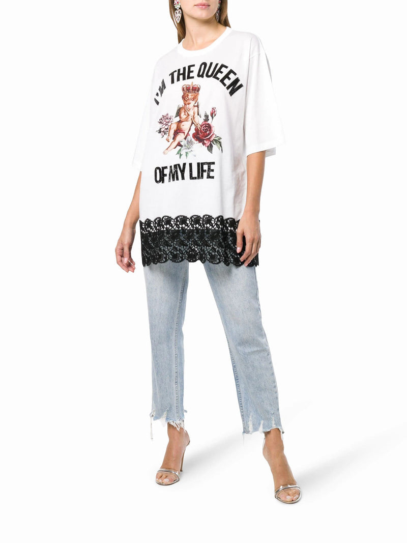 Дамска луксозна тениска с дантела в бяло DOLCE & GABBANA Women’s Luxury White Cotton Blend T-shirt “I’m The Queen of My Life”