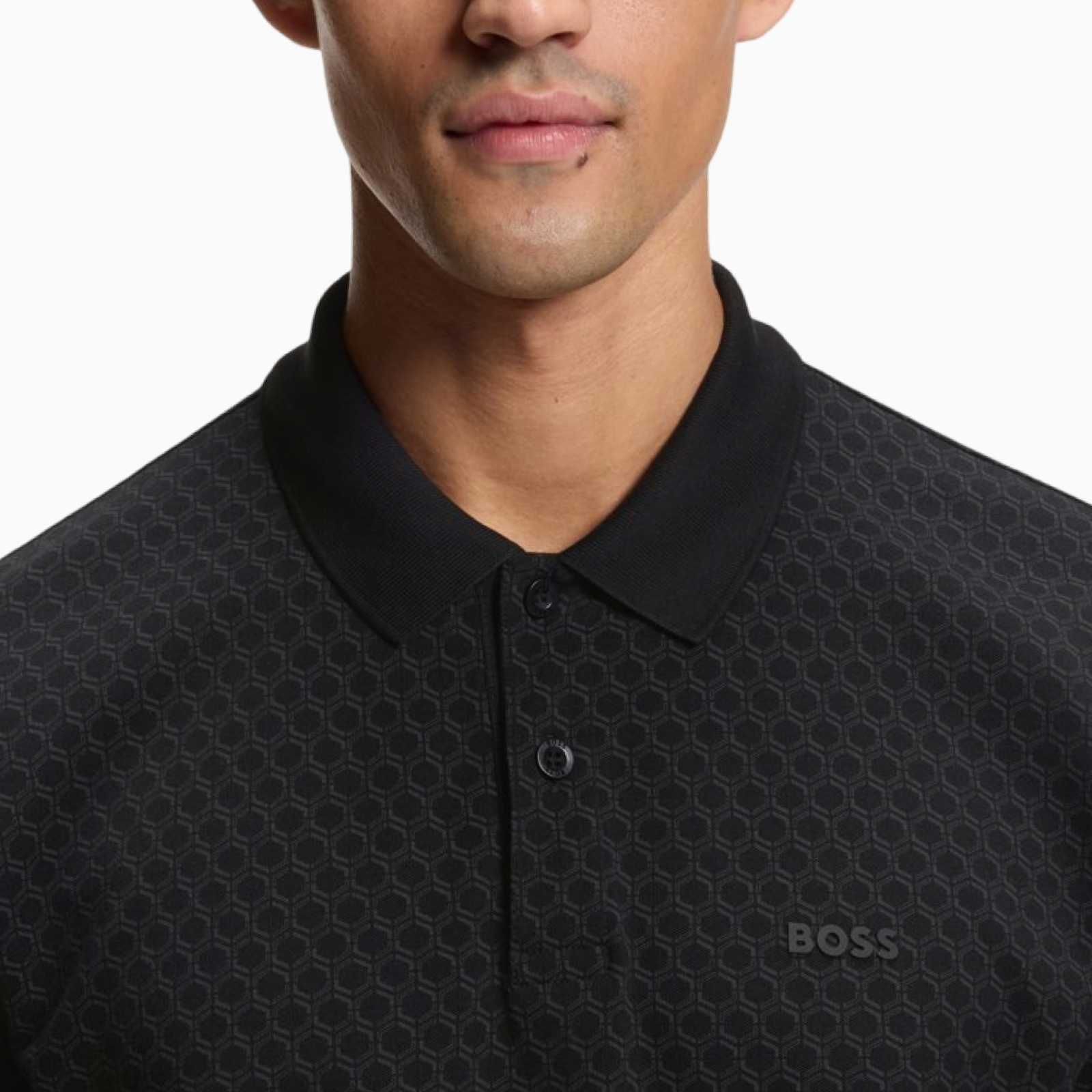 Мъжка черна поло тениска Boss PL GOC Chip Pattern 50554591 001 Men Polo Close-Up