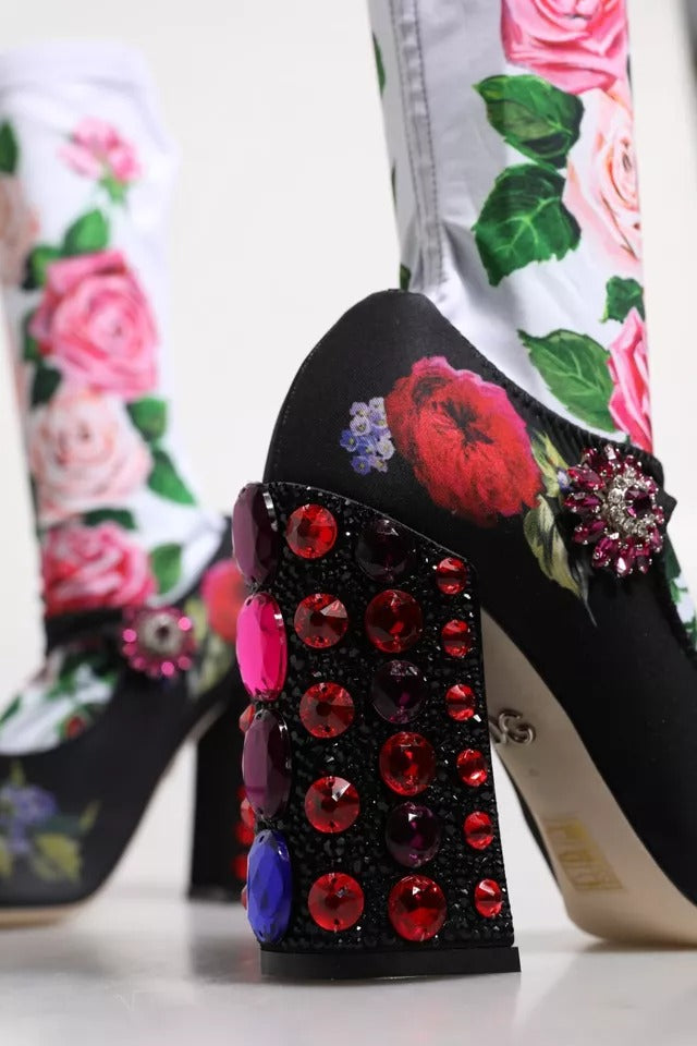 Черни флорални чорапи Dolce & Gabbana Кристални ботуши Джърси обувки