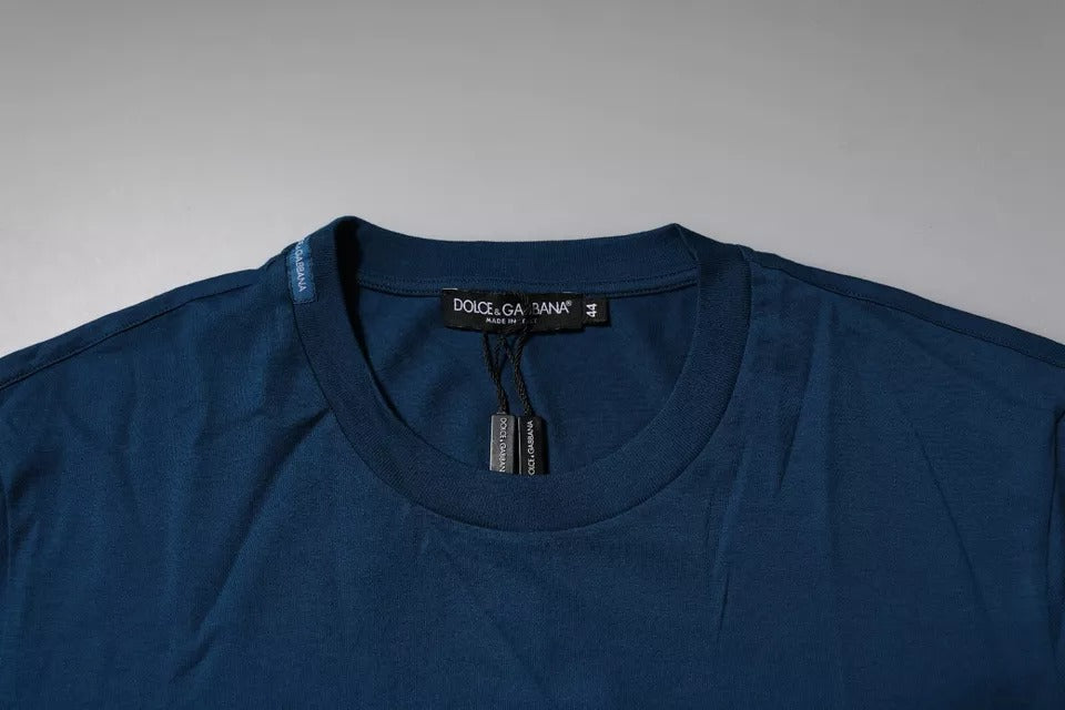 Dolce & Gabbana Blue Crown Bee Cotton Мъжка тениска с кръгло деколте