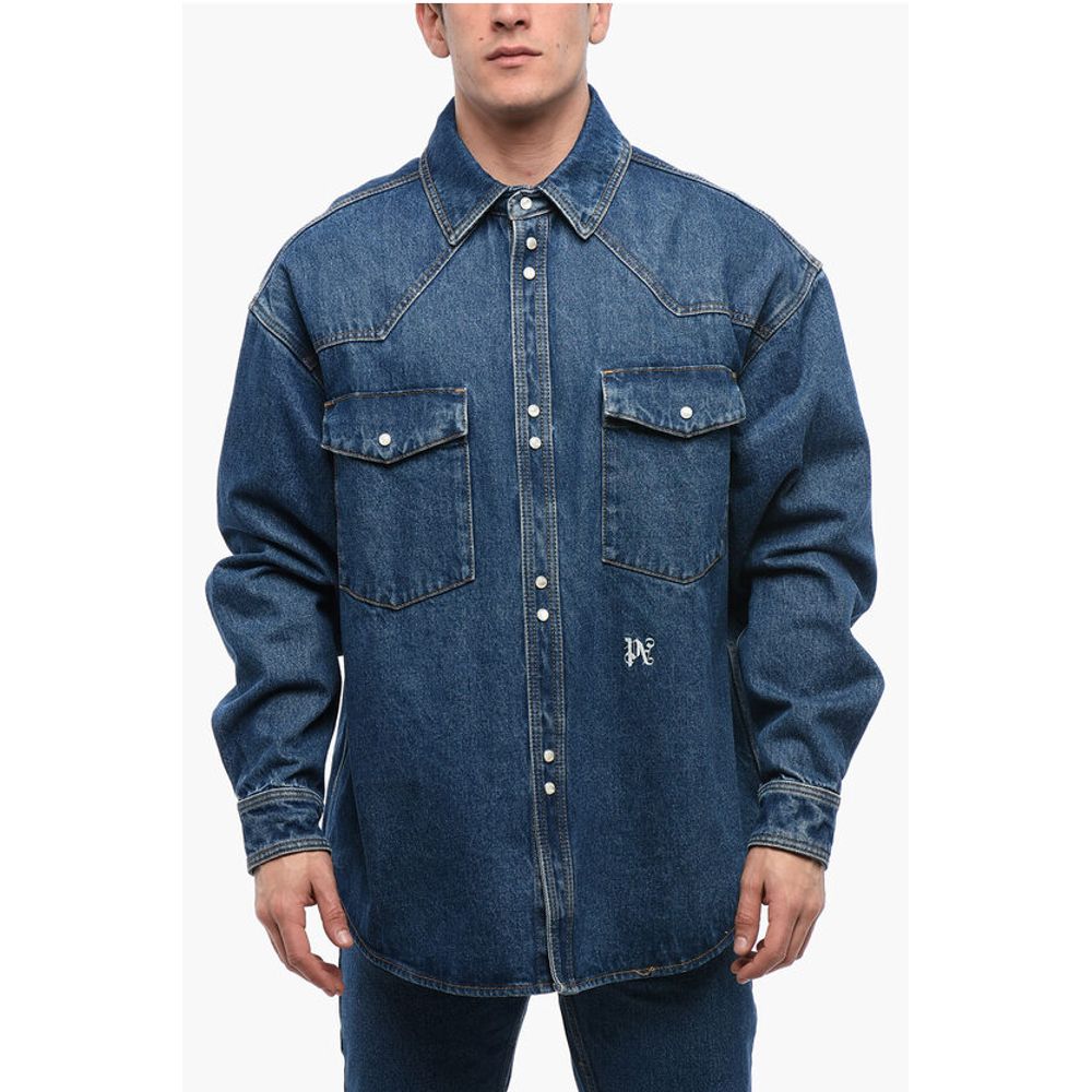 Palm Angels Dark Washed Denim Jacket with Embossed Monogram