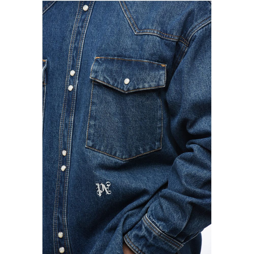 Palm Angels Dark Washed Denim Jacket with Embossed Monogram