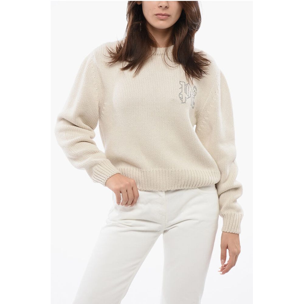 Palm Angels Wool Blend Crewneck Sweater With Studded Logo