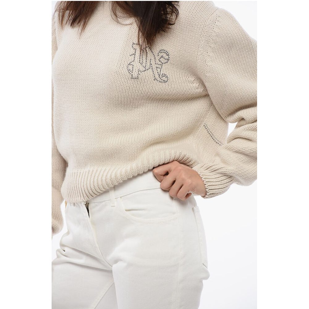 Palm Angels Wool Blend Crewneck Sweater With Studded Logo