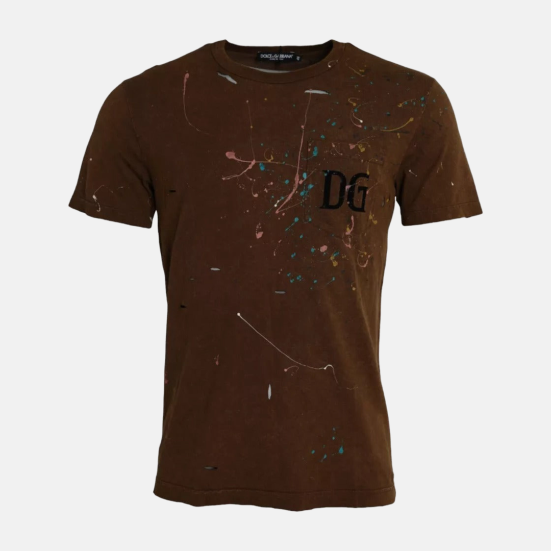 Мъжка тениска Dolce & Gabbana Brown Color Splash Cotton Crew Neck T-shirt