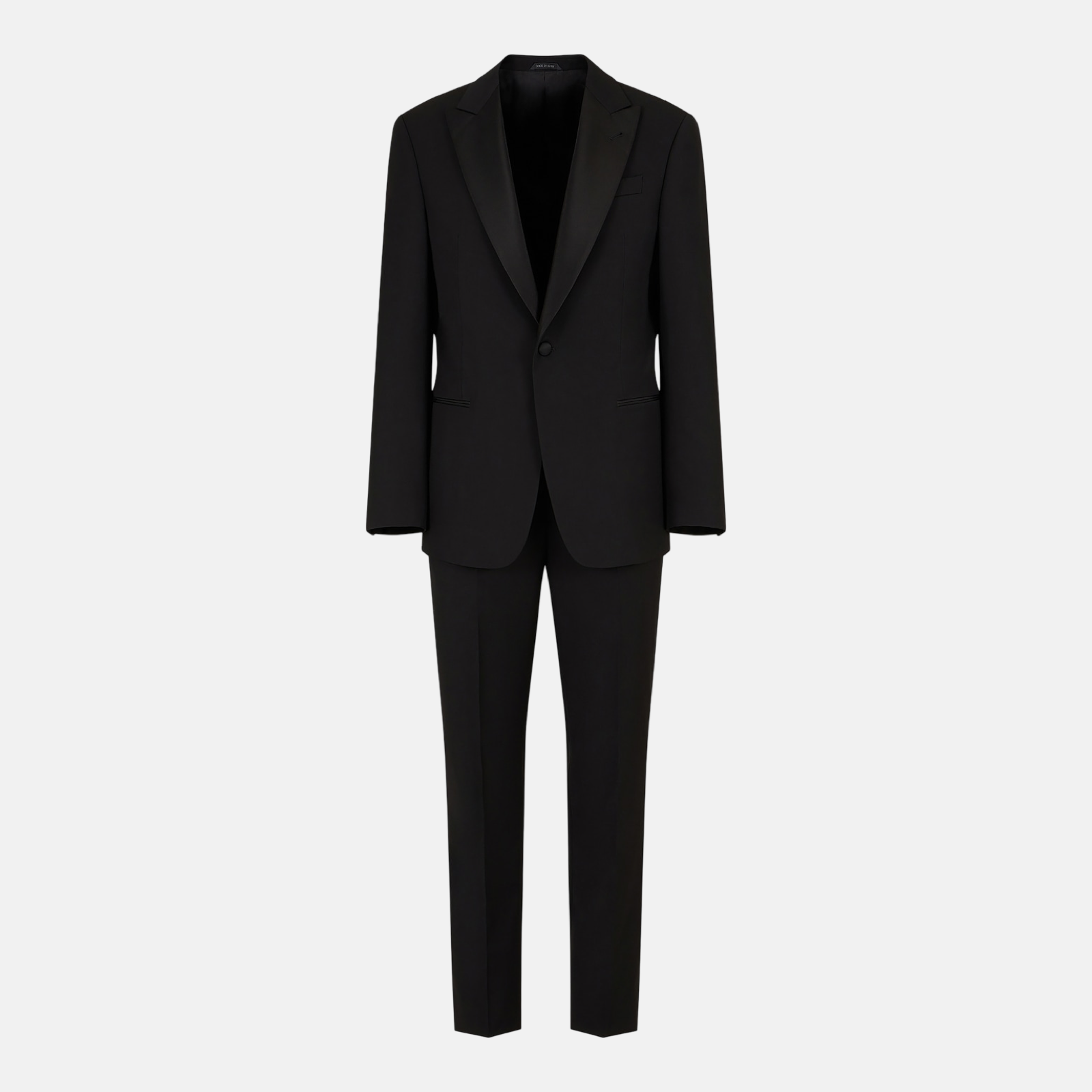 Giorgio Armani Black Tuxedo Fleece Wool Suit Front View