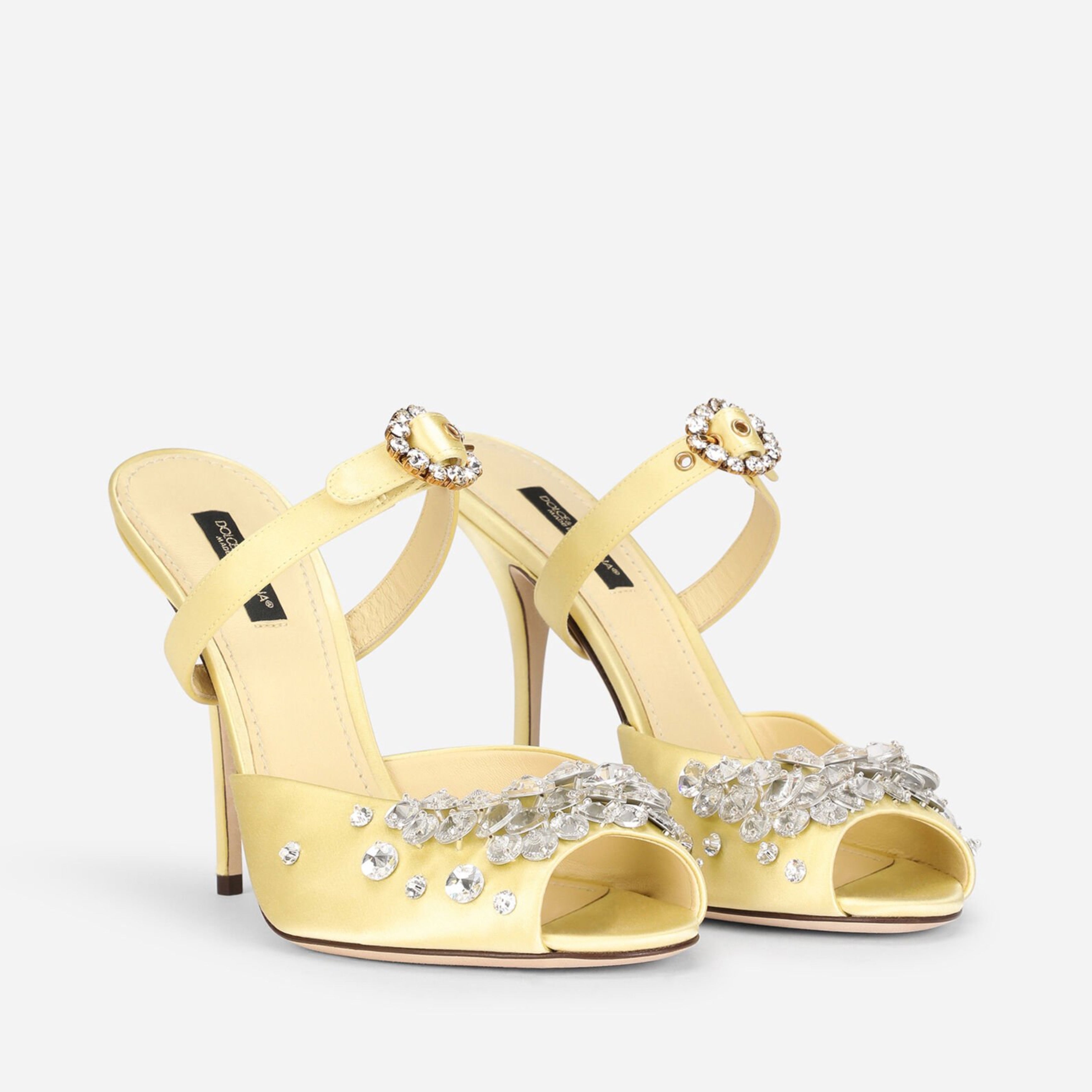Дамски луксозни кожени сандали на висок 105мм ток в жълто DOLCE & GABBANA Women’s Luxury Yellow Leather KEIRA Crystal Sandals