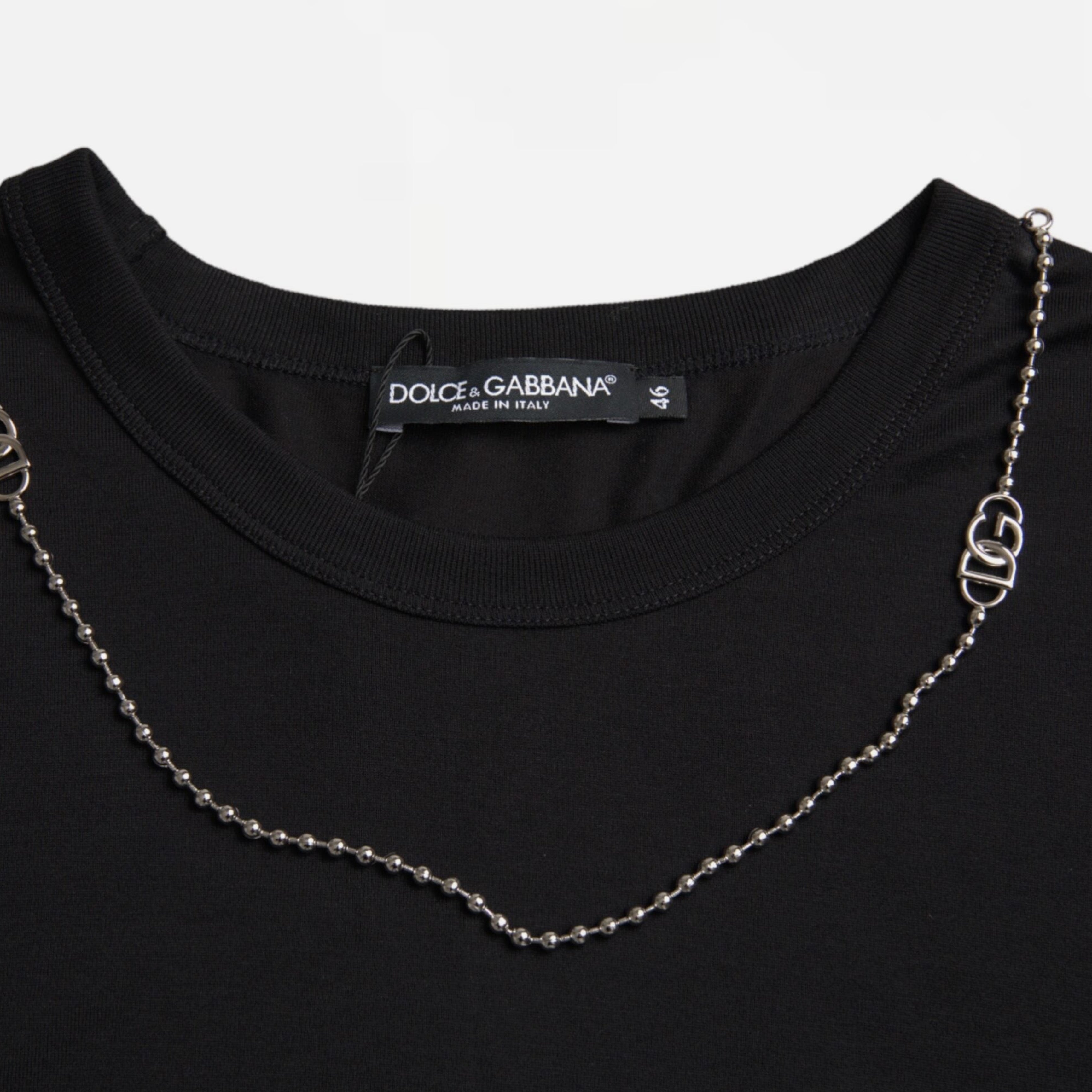 Мъжка памучна тениска в черно Dolce & Gabbana Men’s Black Cotton Silver Chain Short Sleeve T-shirt
