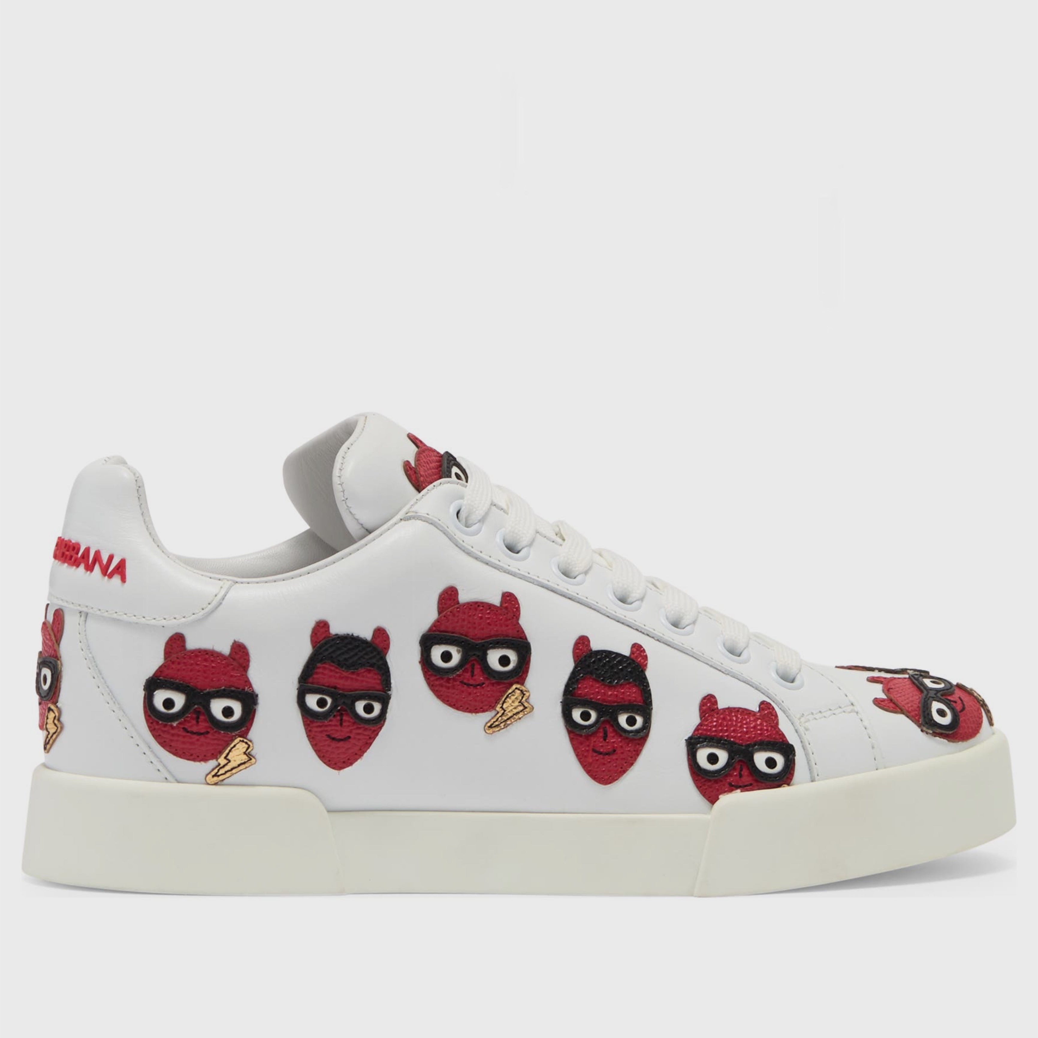 Дамски луксозни кецове от естествена кожа с нашивки в бяло Dolce & Gabbana Women’s White Devil Face Portofino Sneakers