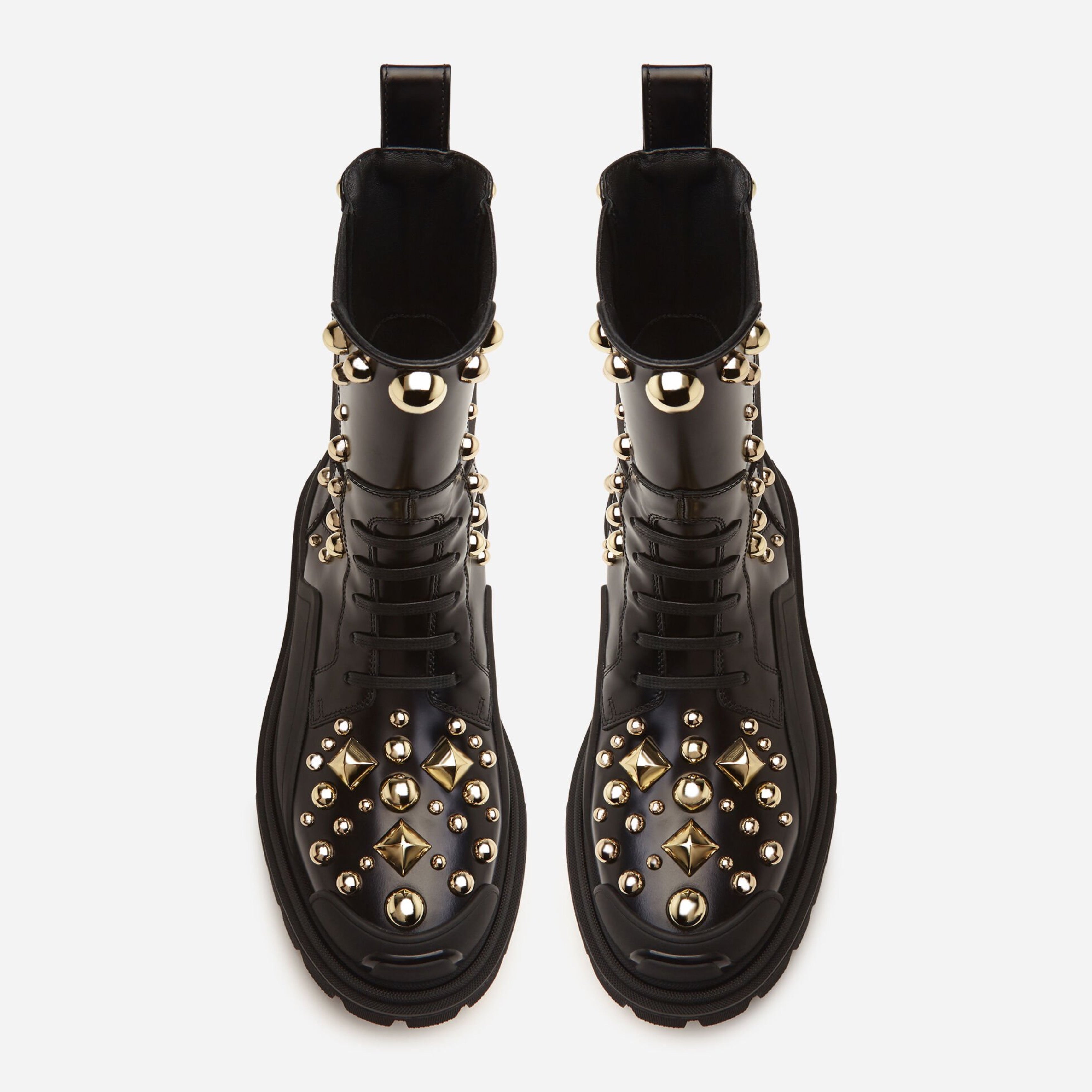 Дамски луксозни черни боти кубинки с капси от естествена кожа DOLCE & GABBANA Women’s Luxury Black Studded Combat Ankle Boots