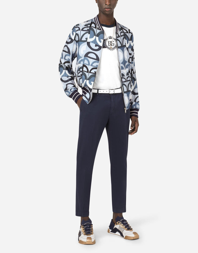 Мъжко пролетно копринено яке в светло синьо, бяло, сиво и черно DOLCE & GABBANA Men’s Luxury Silk Bomber Jacket