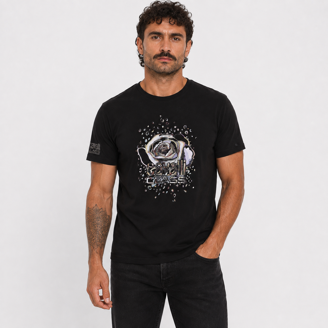 Мъжка черна тениска Cavalli Class Men T-shirt QXH01DJD060 05051 Front View
