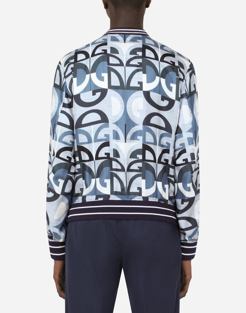 Мъжко пролетно копринено яке в светло синьо, бяло, сиво и черно DOLCE & GABBANA Men’s Luxury Silk Bomber Jacket